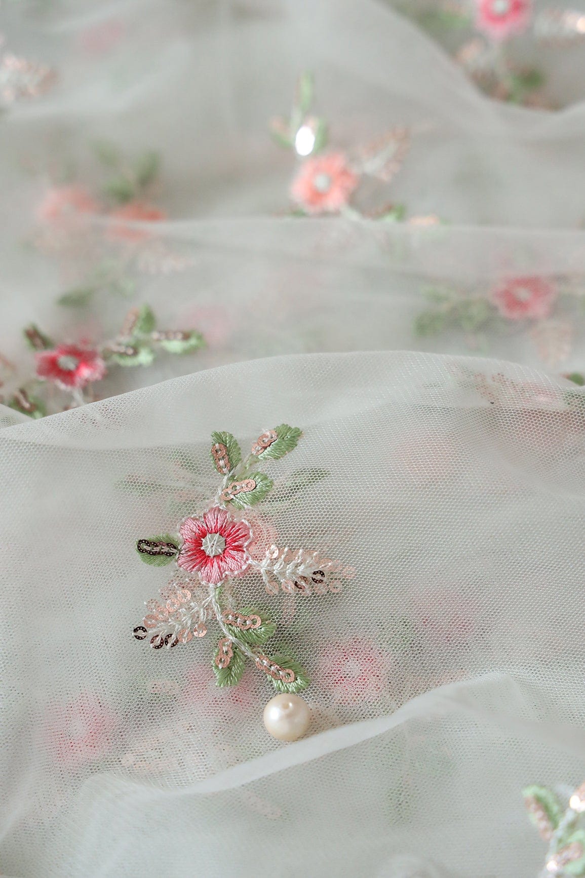 Olive And Pink Thread With Gold Sequins Floral Butta Embroidery On Pastel Olive Soft Net Fabric - doeraa