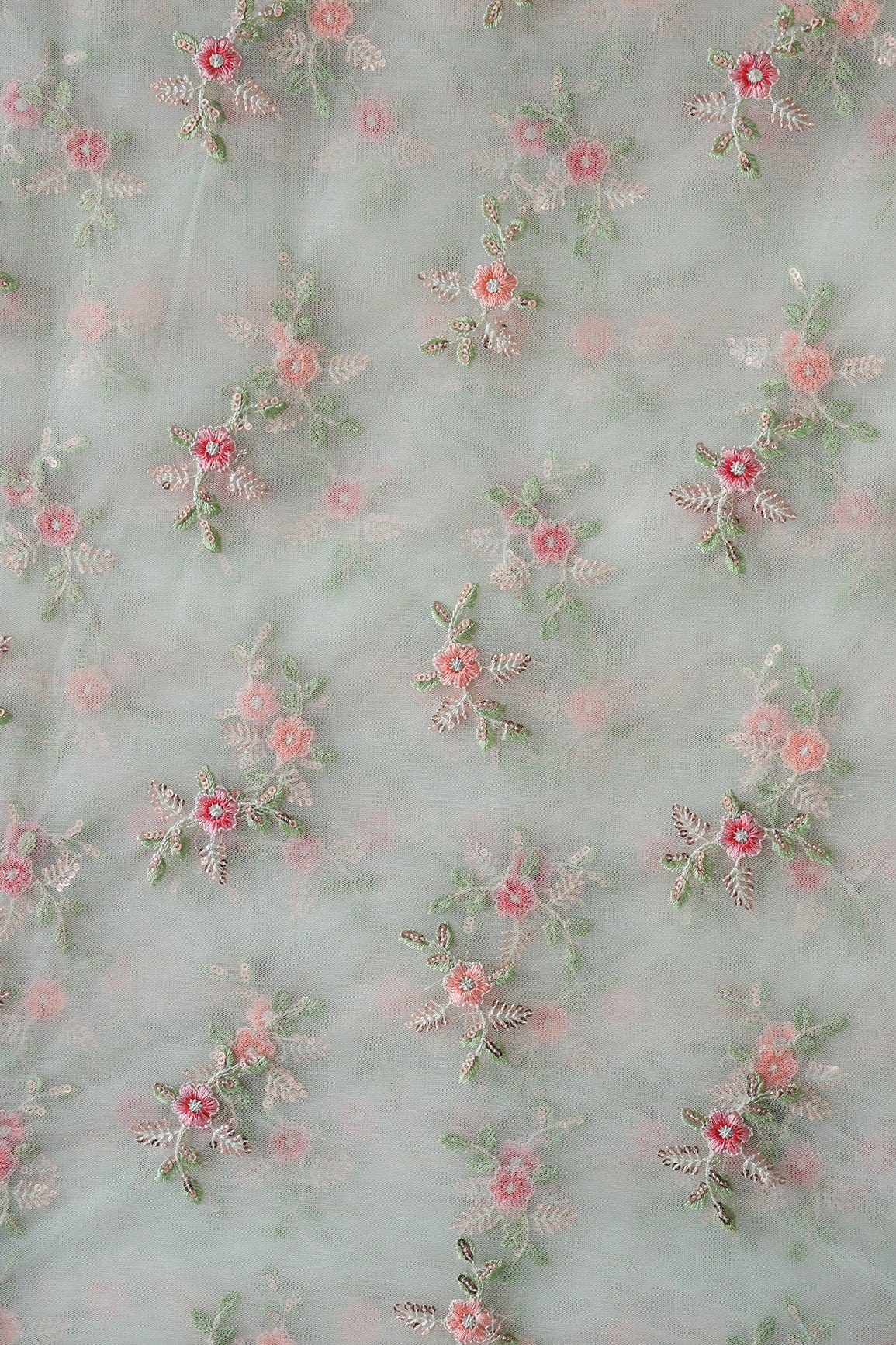 Olive And Pink Thread With Gold Sequins Floral Butta Embroidery On Pastel Olive Soft Net Fabric - doeraa