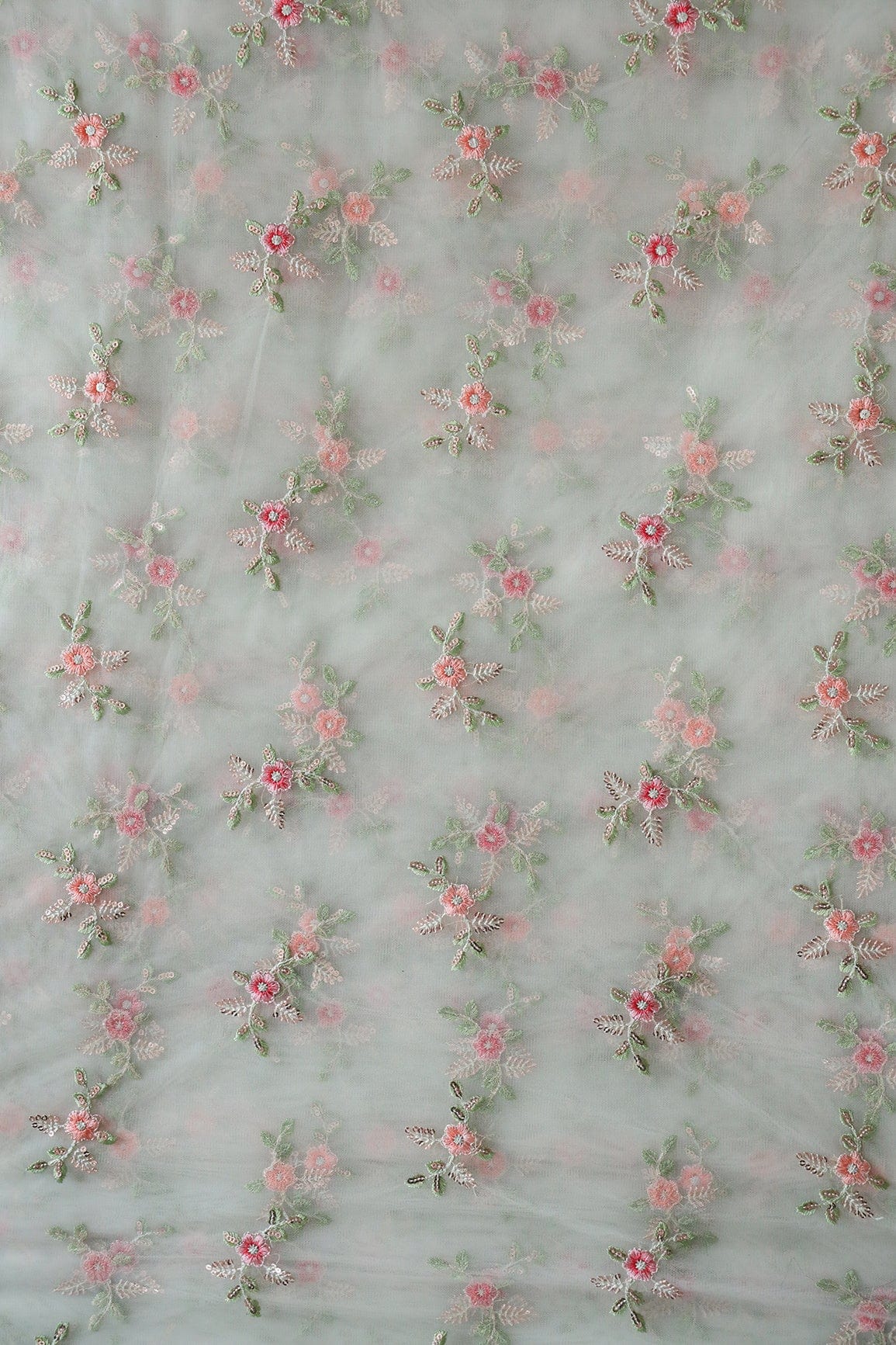 Olive And Pink Thread With Gold Sequins Floral Butta Embroidery On Pastel Olive Soft Net Fabric - doeraa