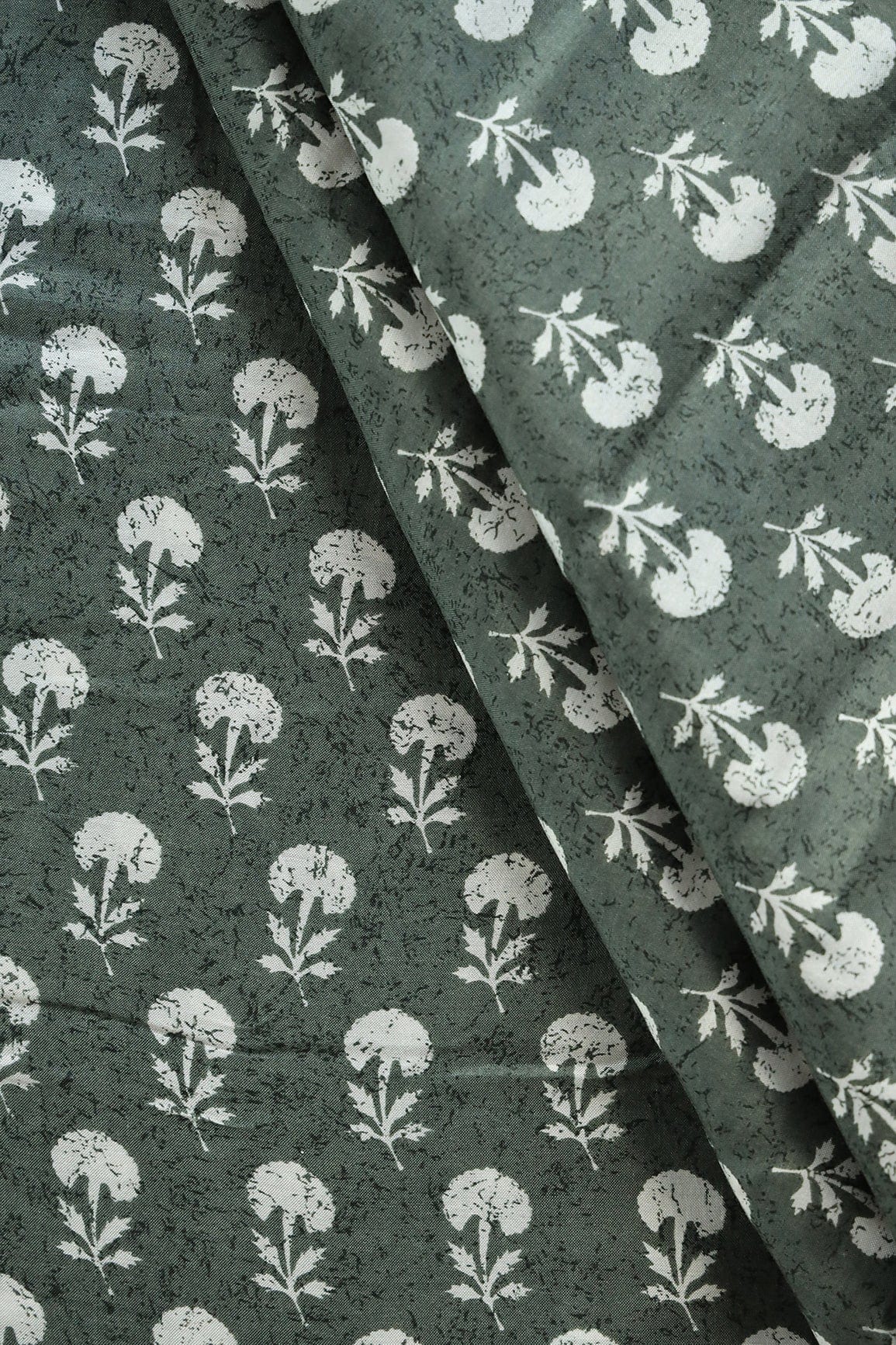 Olive And White Small Floral Pattern Screen Print On Pure Muslin Silk Fabric - doeraa