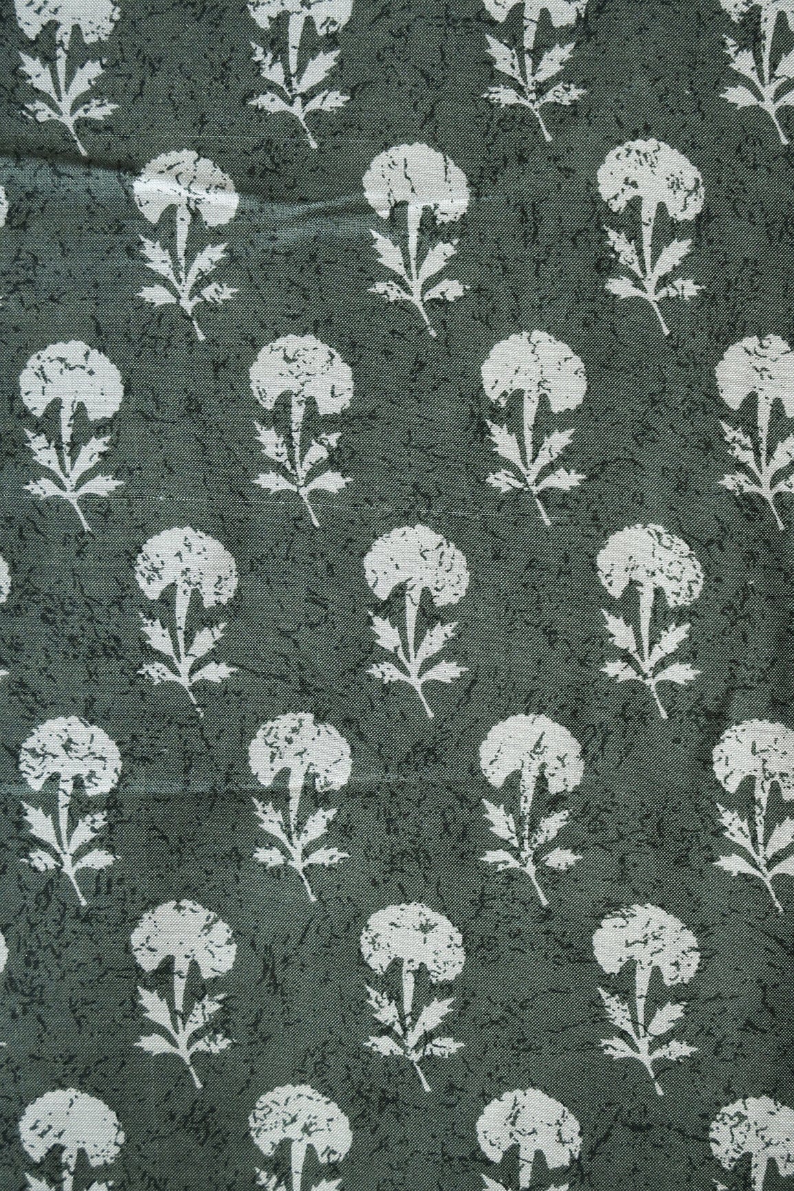 Olive And White Small Floral Pattern Screen Print On Pure Muslin Silk Fabric - doeraa