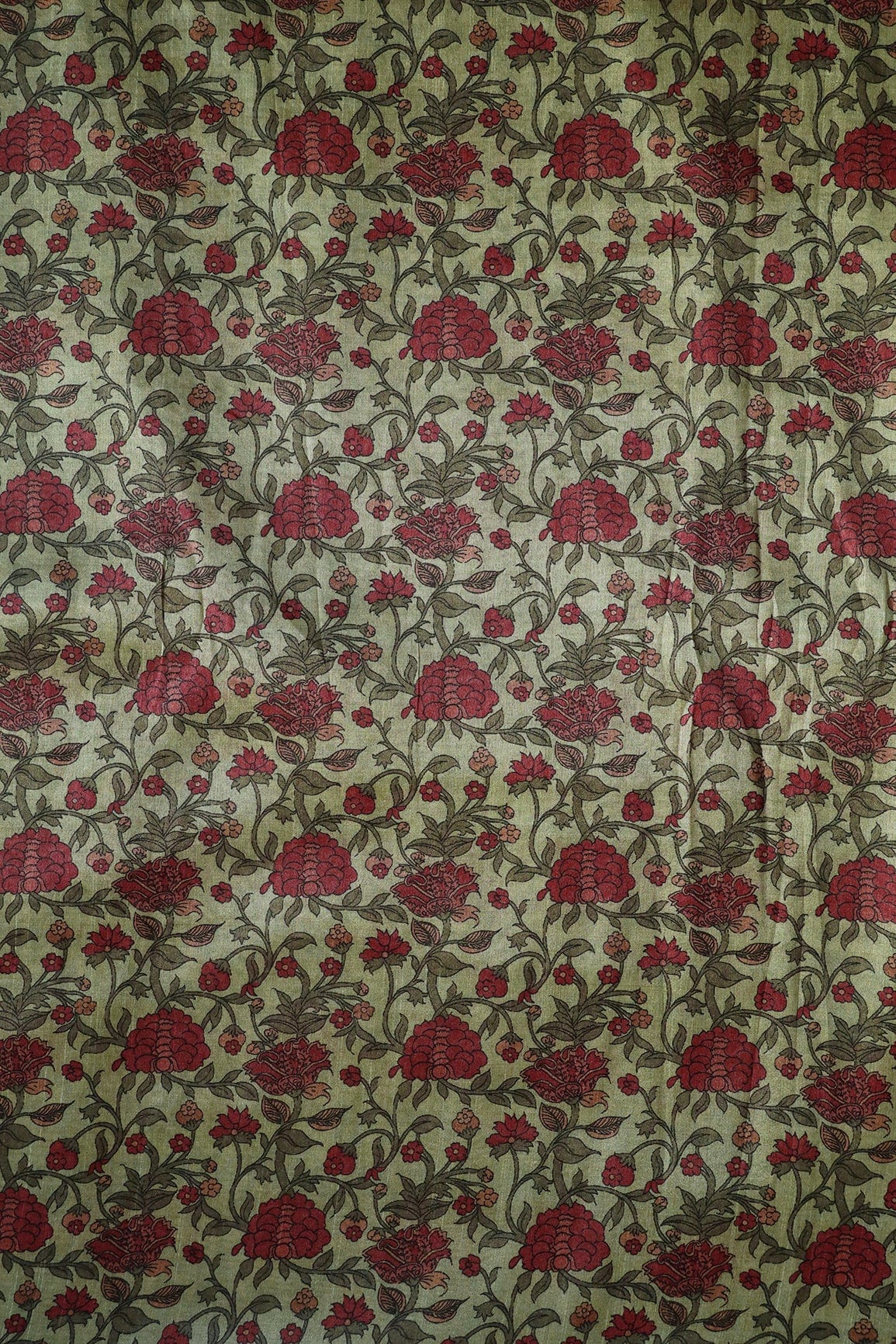 Olive Floral Pattern Digital Print On Mulberry Silk Fabric - doeraa