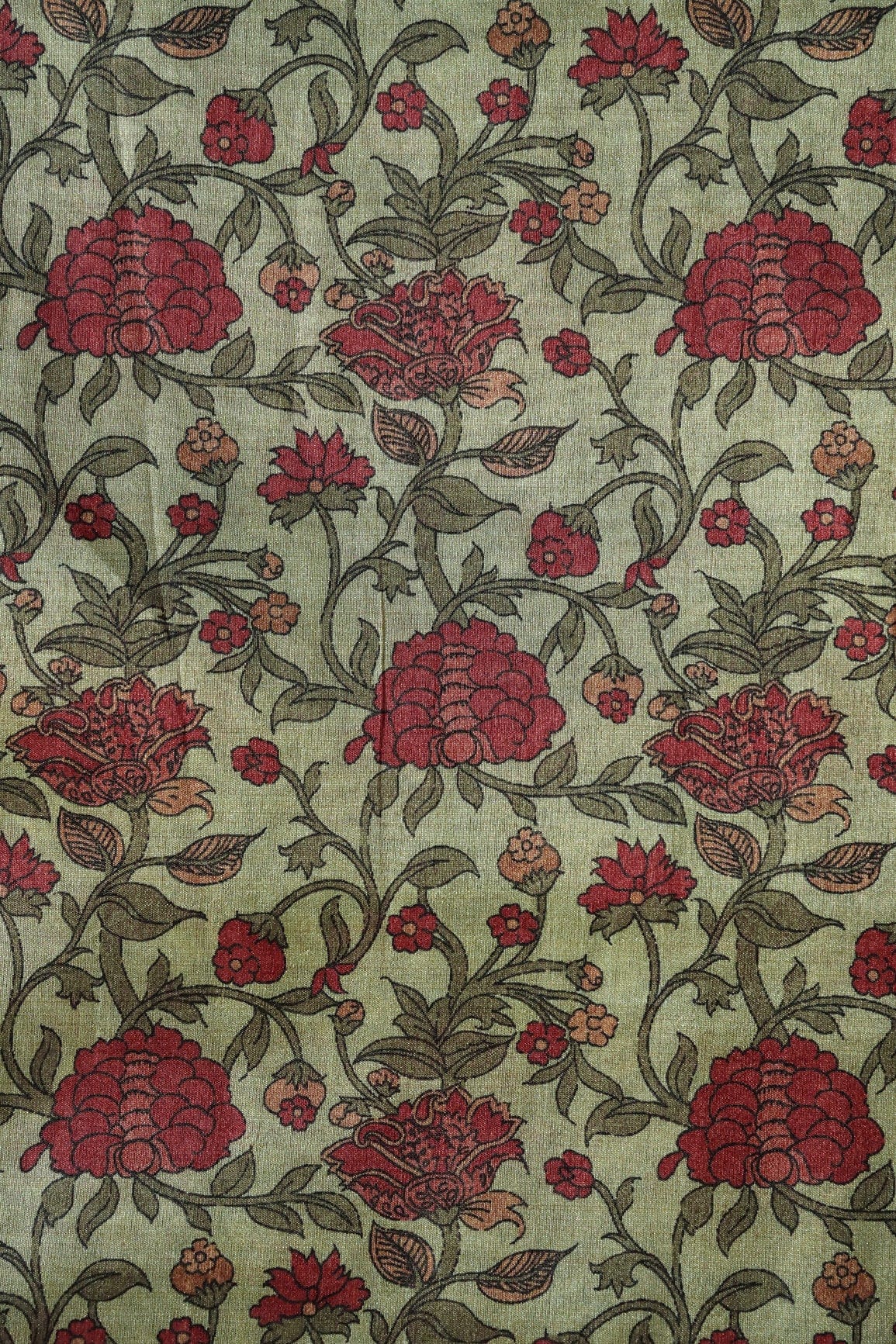 Olive Floral Pattern Digital Print On Mulberry Silk Fabric - doeraa
