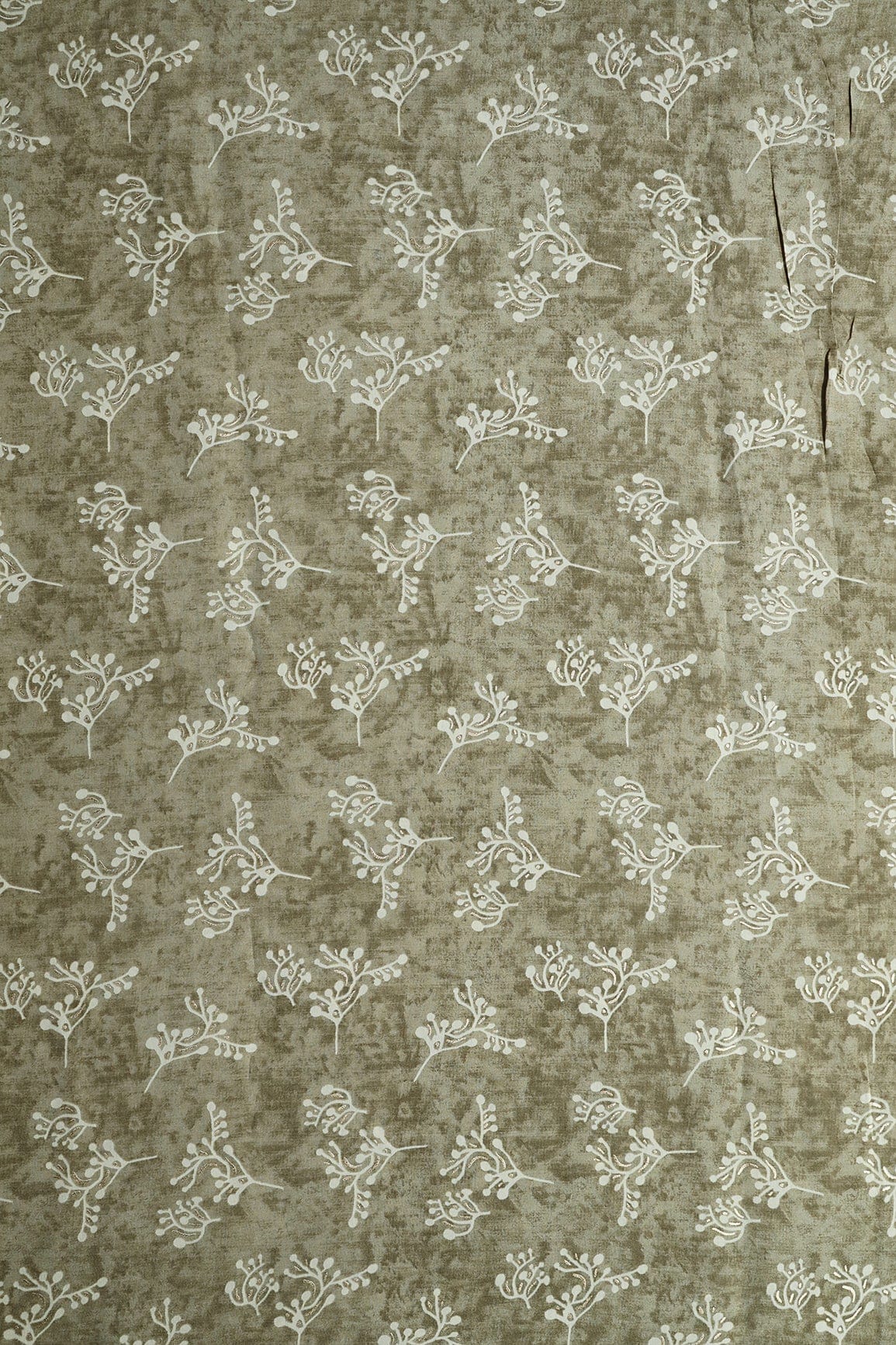 Olive Green And Cream Floral Foil Print On Viscose Chanderi Silk Fabric - doeraa