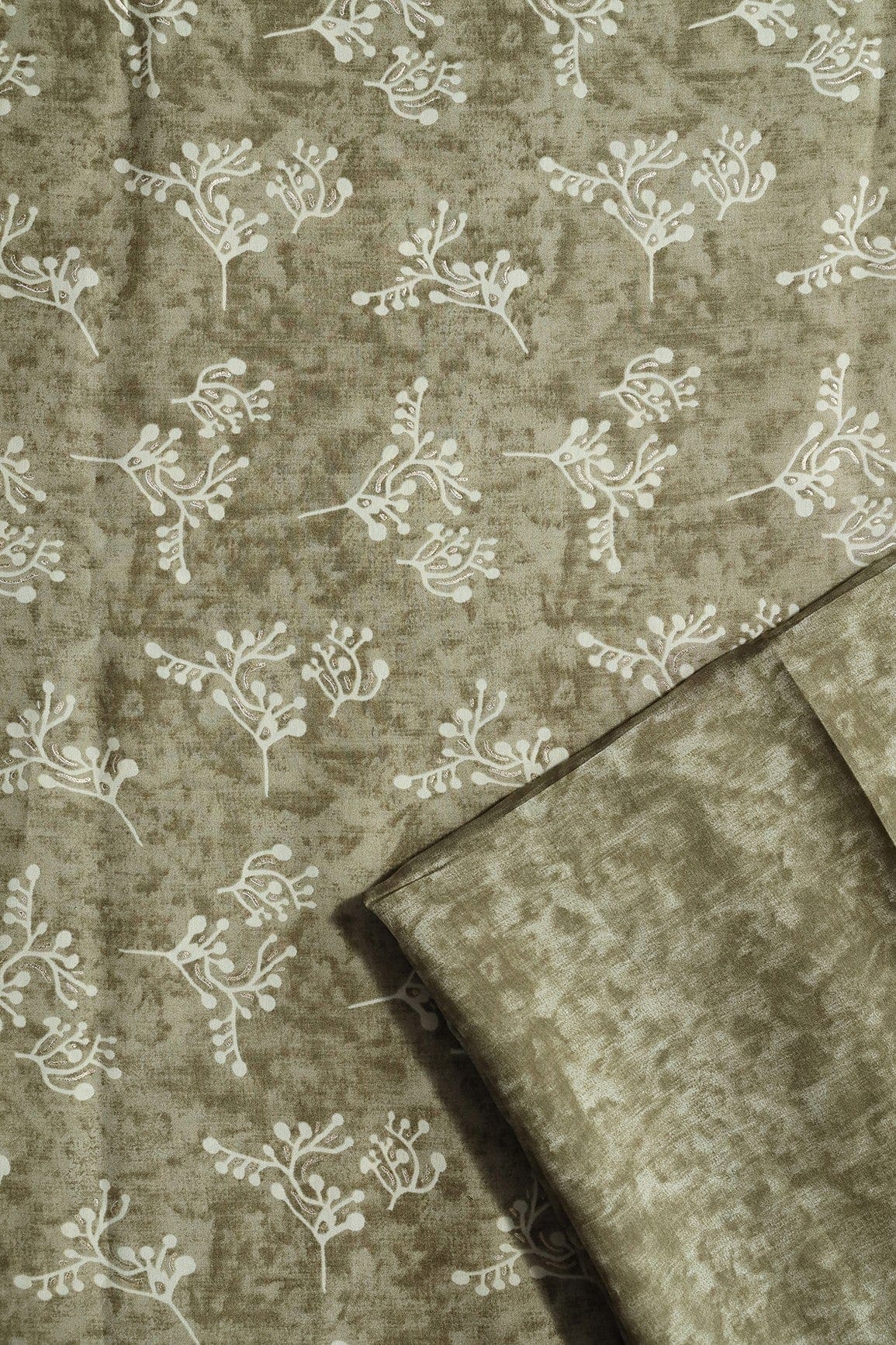 Olive Green And Cream Viscose Chanderi Silk Unstitched Suit (2 Piece) - doeraa