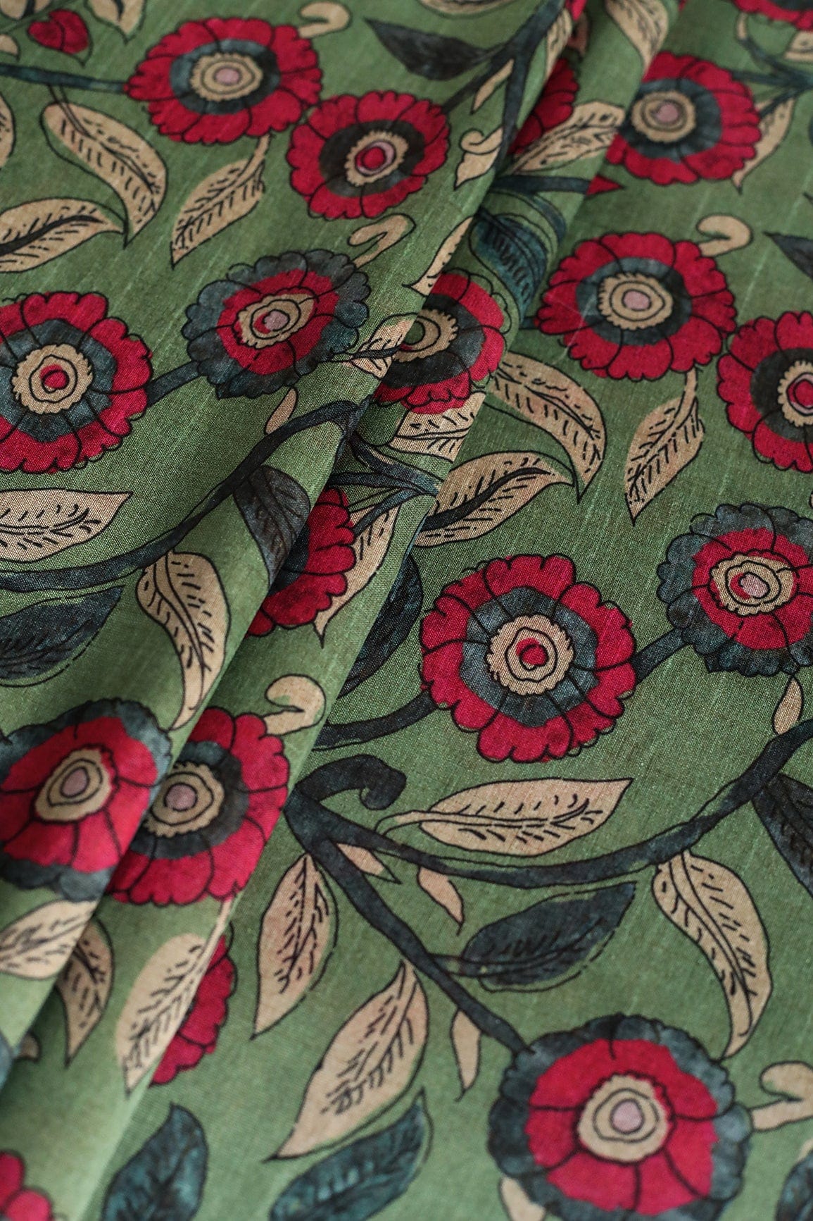 Olive Green And Red Floral Pattern Digital Print On Mulberry Silk Fabric - doeraa