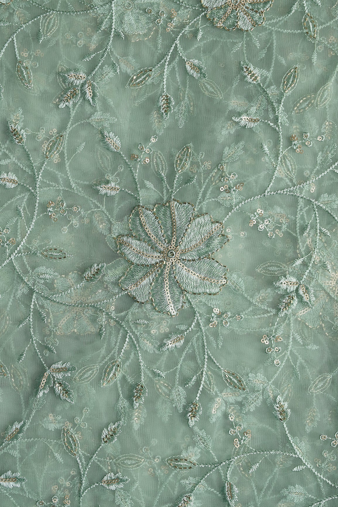 Olive Thread & Beads With Gold Sequins Floral Leafy Embroidery Work On Olive Soft Net Fabric - doeraa