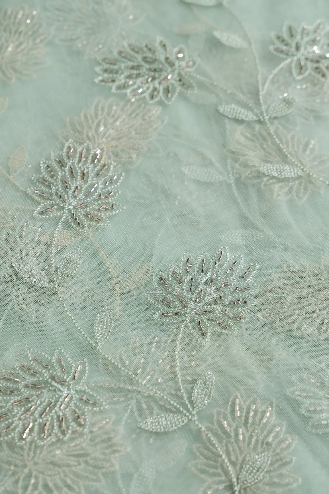 Olive Thread & Gold Beads With Water Sequins Floral Embroidery On Olive Soft Net Fabric - doeraa