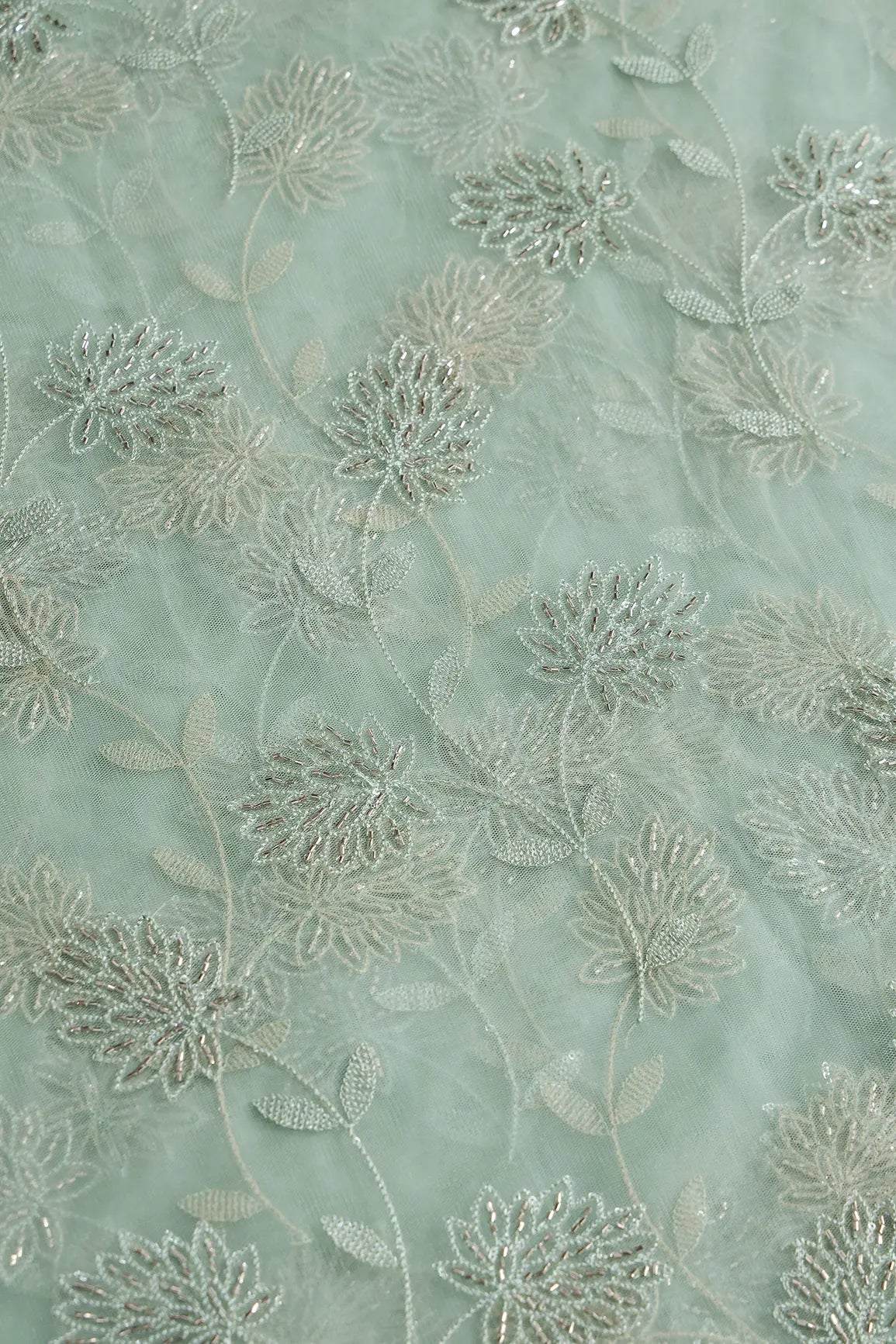 Olive Thread & Gold Beads With Water Sequins Floral Embroidery On Olive Soft Net Fabric - doeraa