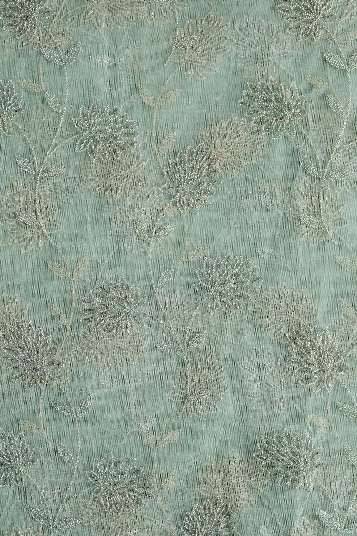 Olive Thread & Gold Beads With Water Sequins Floral Embroidery On Olive Soft Net Fabric - doeraa