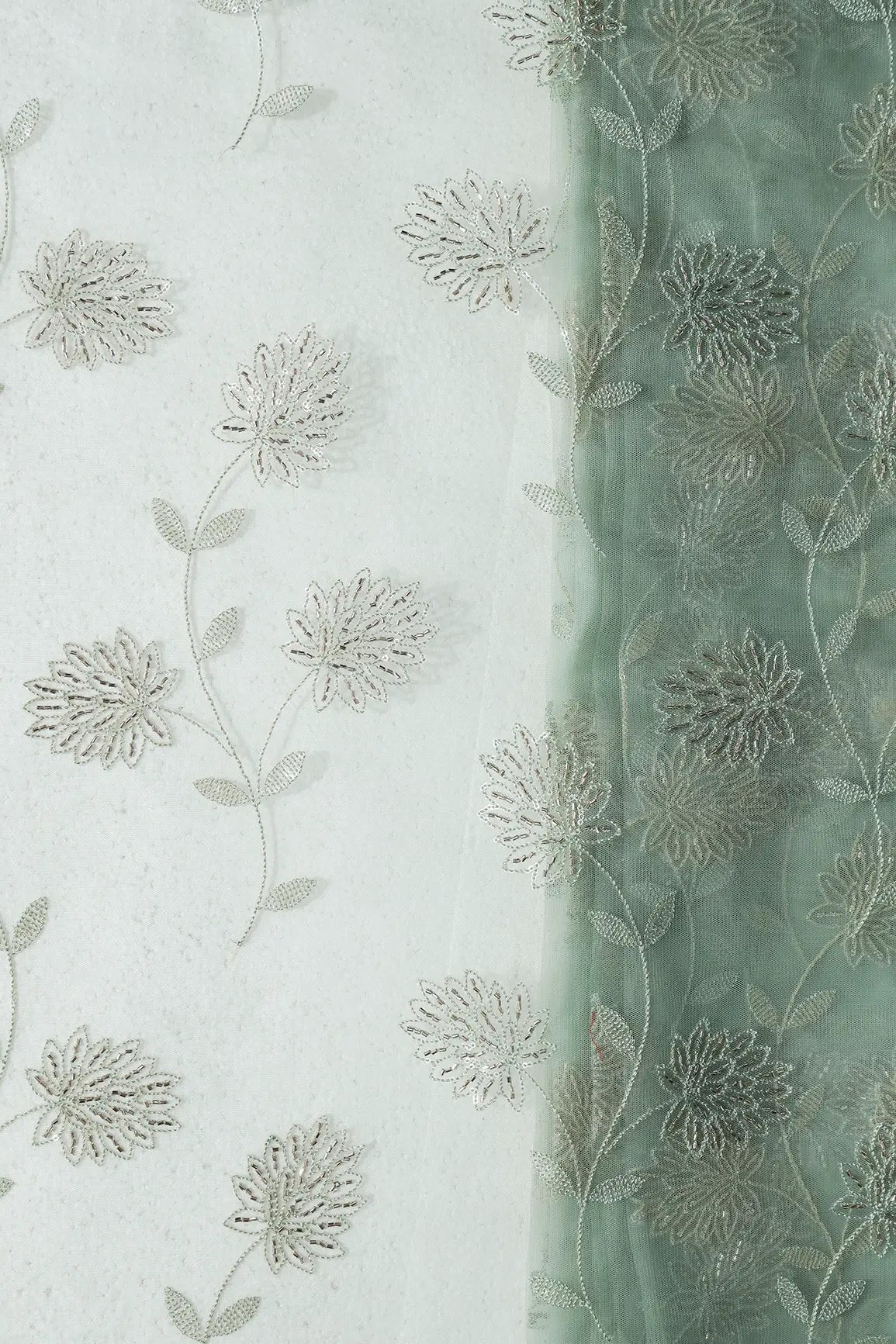 Olive Thread & Gold Beads With Water Sequins Floral Embroidery On Olive Soft Net Fabric - doeraa