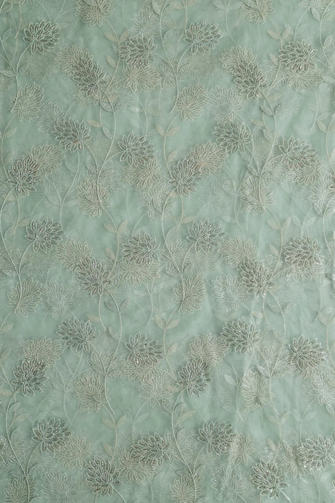 Olive Thread & Gold Beads With Water Sequins Floral Embroidery On Olive Soft Net Fabric - doeraa