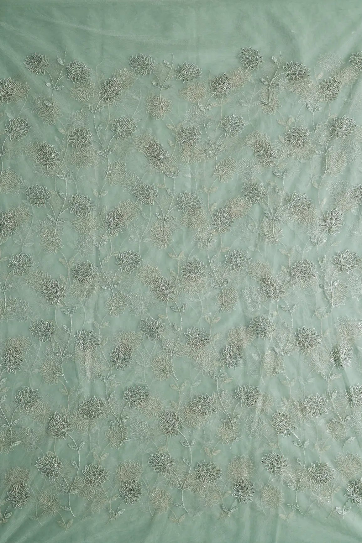 Olive Thread & Gold Beads With Water Sequins Floral Embroidery On Olive Soft Net Fabric - doeraa