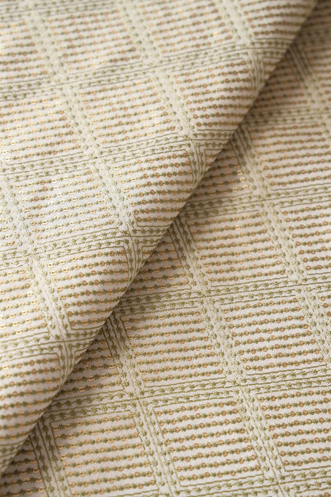 Olive Thread With Matte Sequins Checks Embroidery On Off White Raw Silk Fabric - doeraa