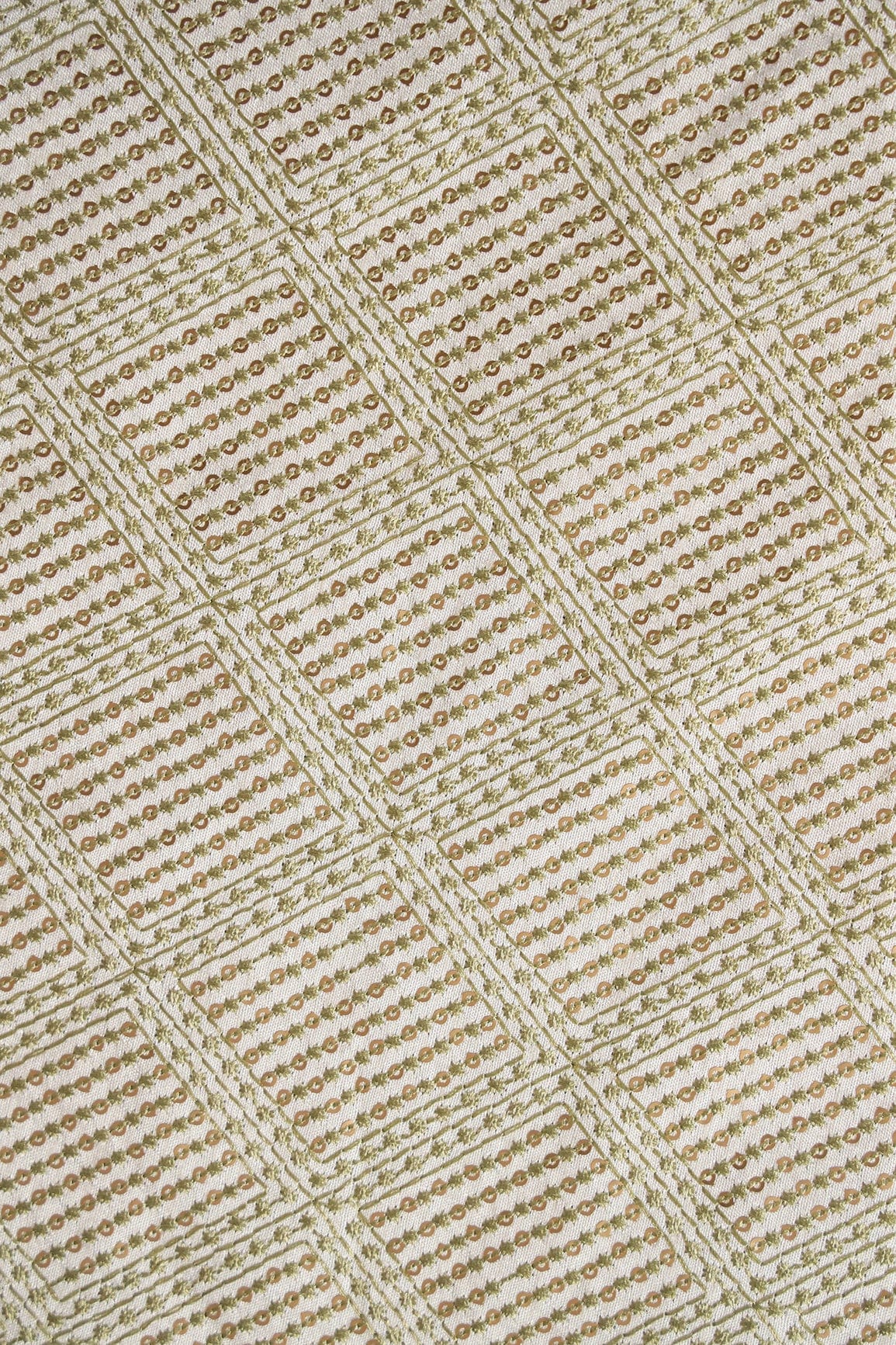 Olive Thread With Matte Sequins Checks Embroidery On Off White Raw Silk Fabric - doeraa