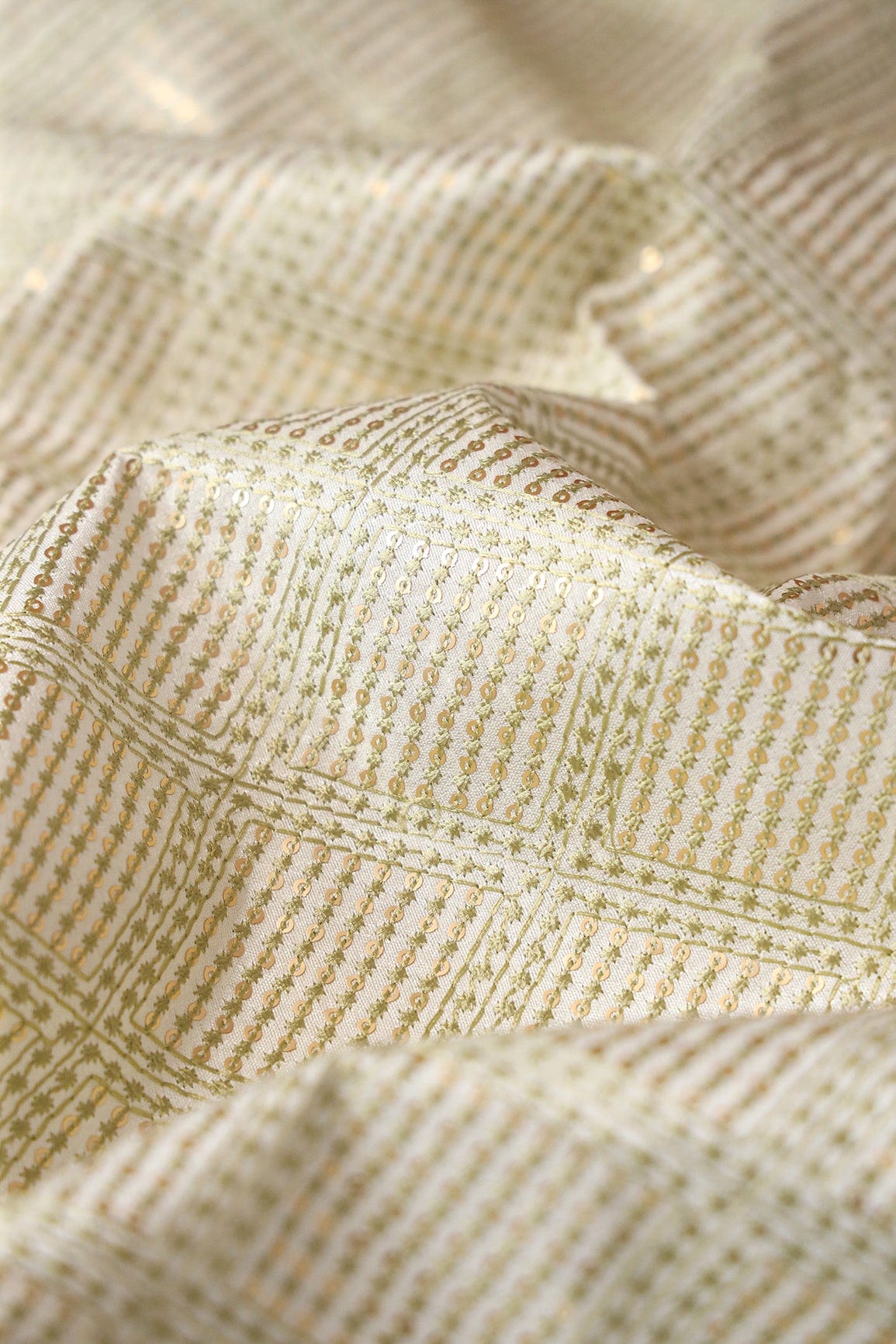 Olive Thread With Matte Sequins Checks Embroidery On Off White Raw Silk Fabric - doeraa