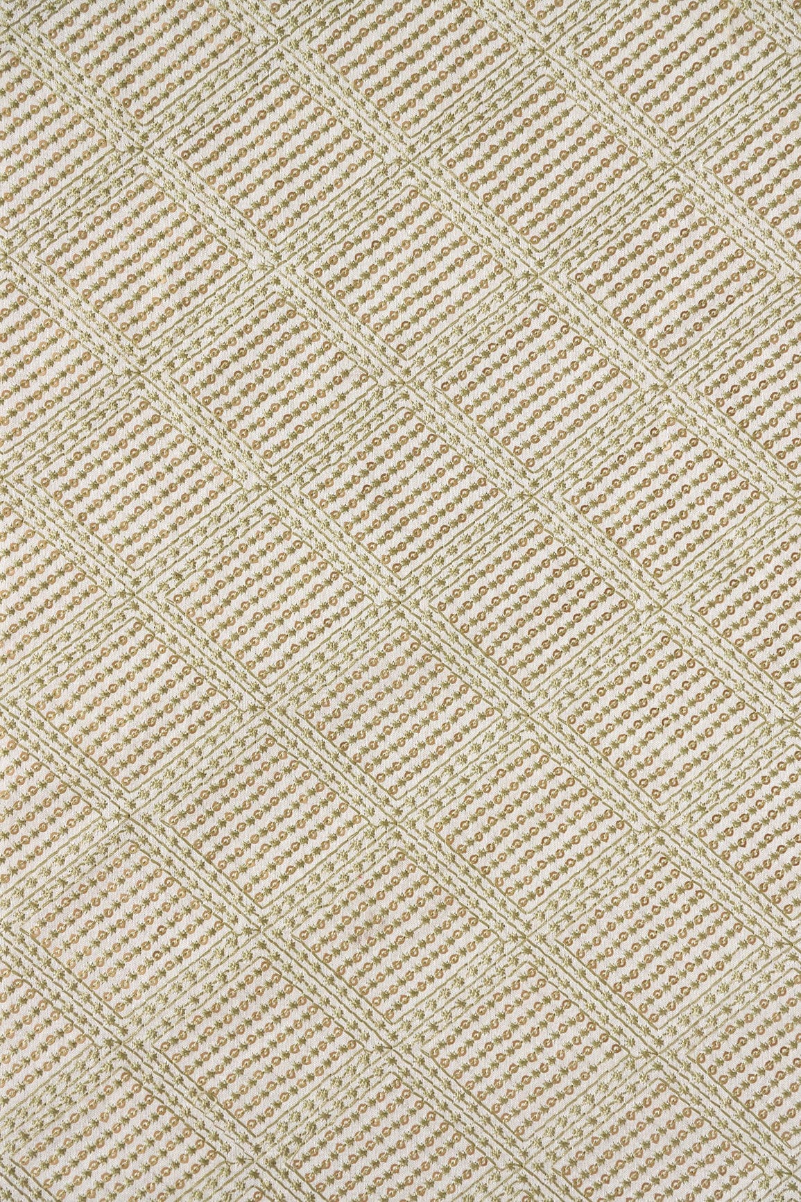 Olive Thread With Matte Sequins Checks Embroidery On Off White Raw Silk Fabric - doeraa
