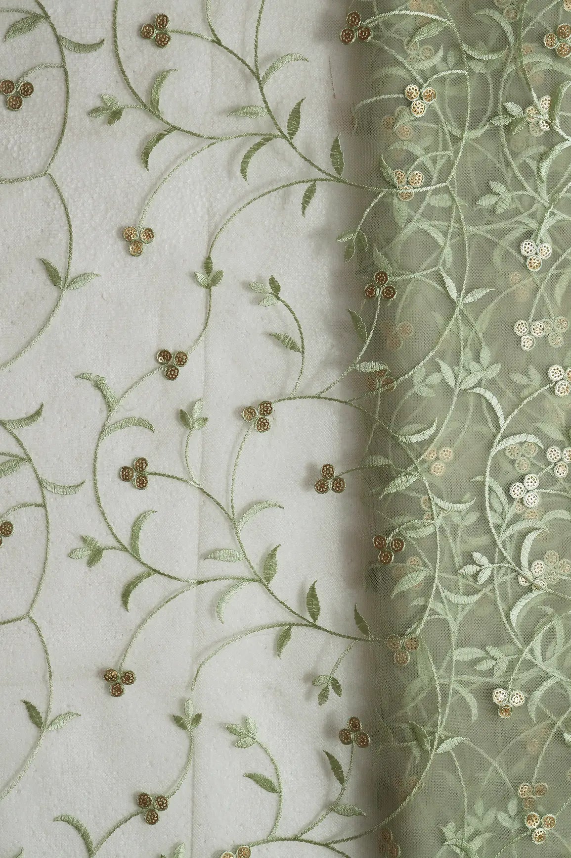 Olive Thread With Sequins Floral Leafy Embroidery Work On Light Olive Soft Net Fabric - doeraa