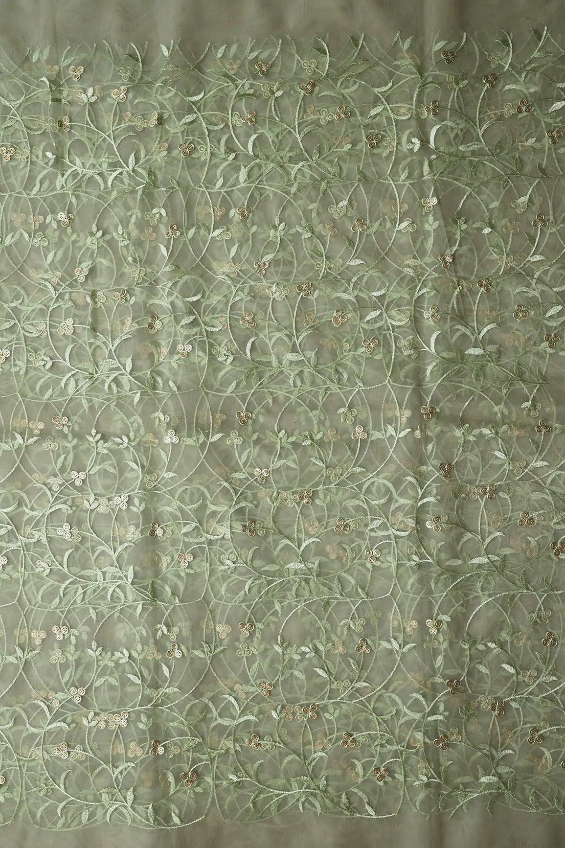 Olive Thread With Sequins Floral Leafy Embroidery Work On Light Olive Soft Net Fabric - doeraa