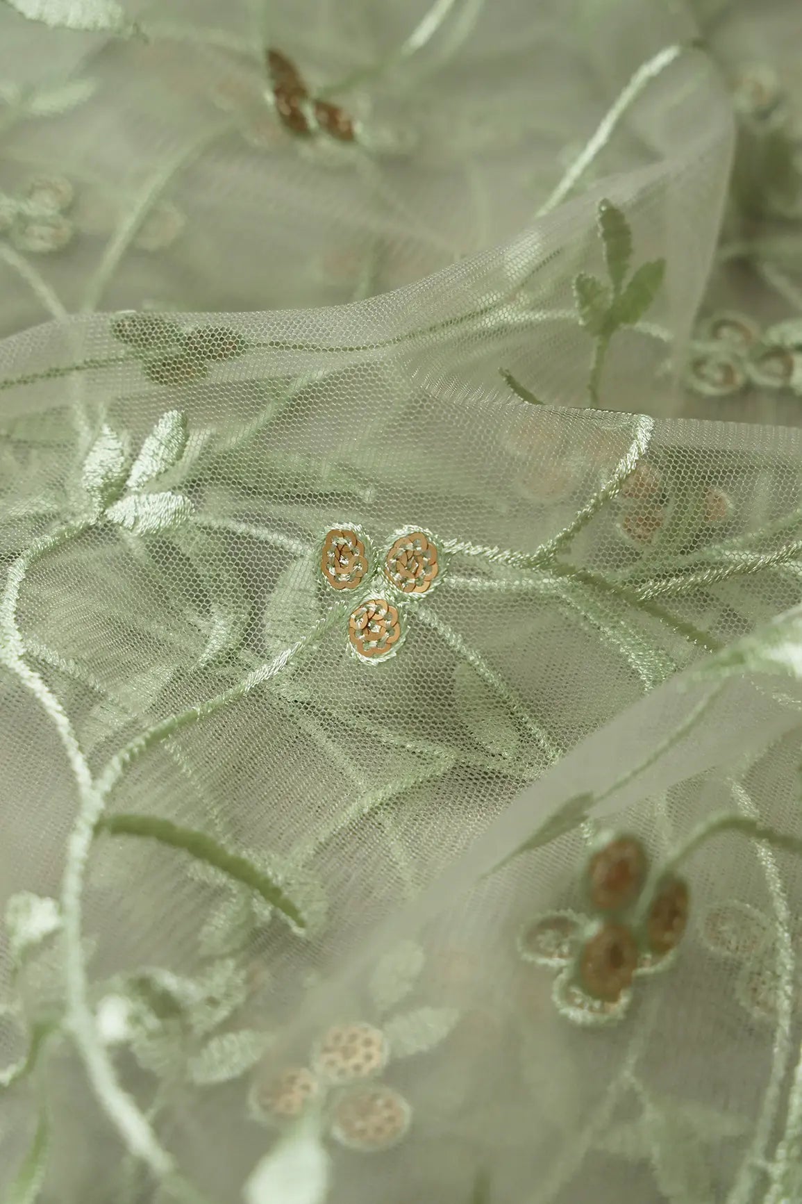 Olive Thread With Sequins Floral Leafy Embroidery Work On Light Olive Soft Net Fabric - doeraa