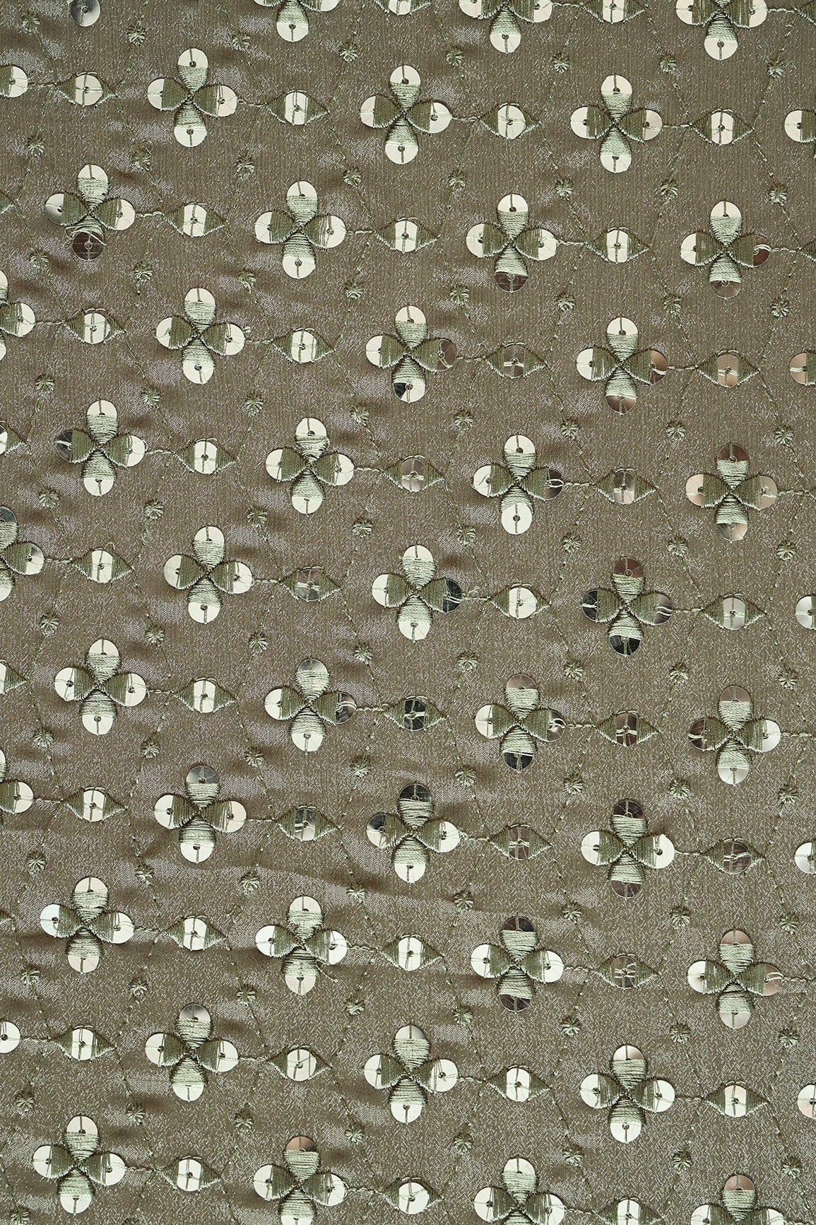 Olive Thread With Sequins Geometric Embroidery Work On Olive Chinnon Chiffon Fabric - doeraa