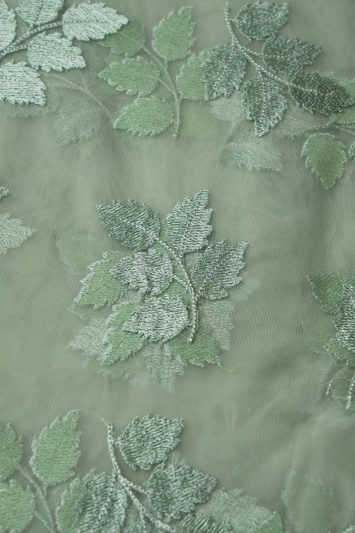 Olive Thread With Sequins Leafy Embroidery Work On Olive Soft Net Fabric - doeraa