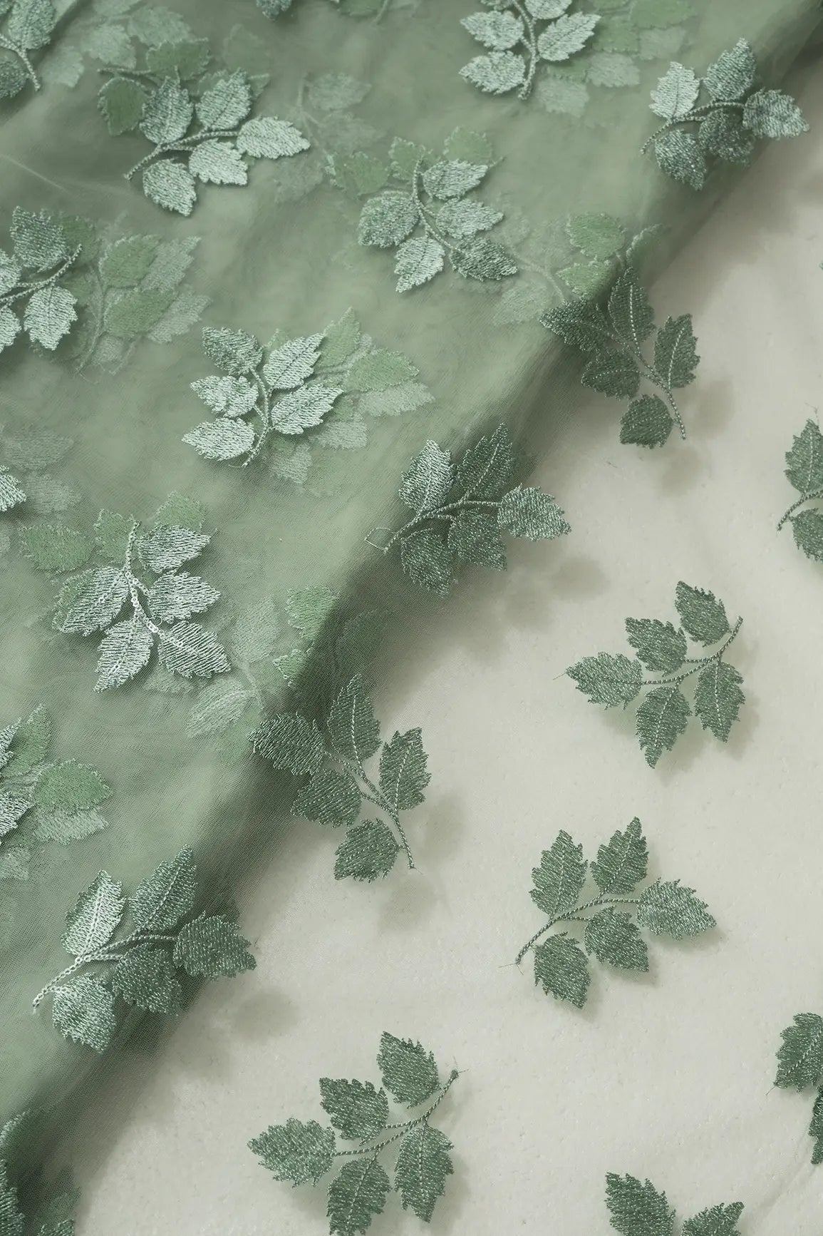 Olive Thread With Sequins Leafy Embroidery Work On Olive Soft Net Fabric - doeraa