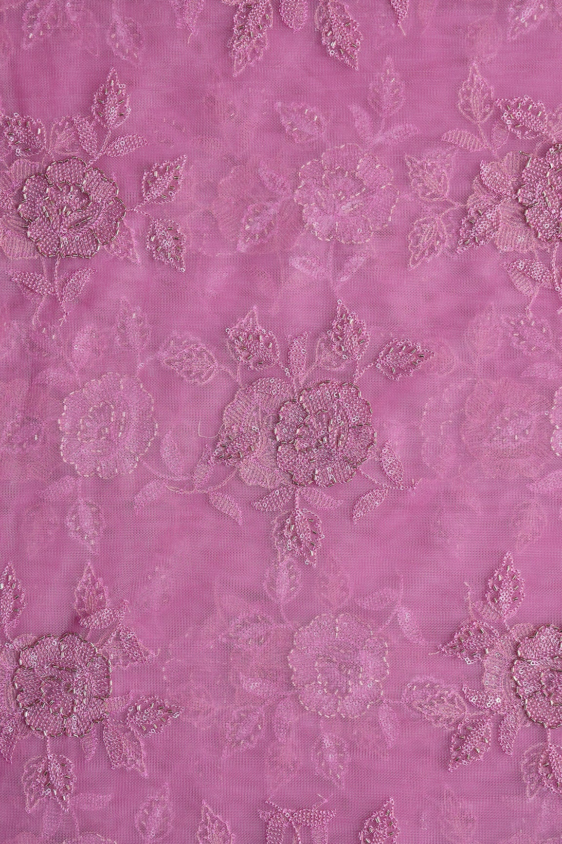 Onion Pink Thread & Beads With Water Sequins Floral Embroidery Work On Onion Pink Soft Net Fabric - doeraa