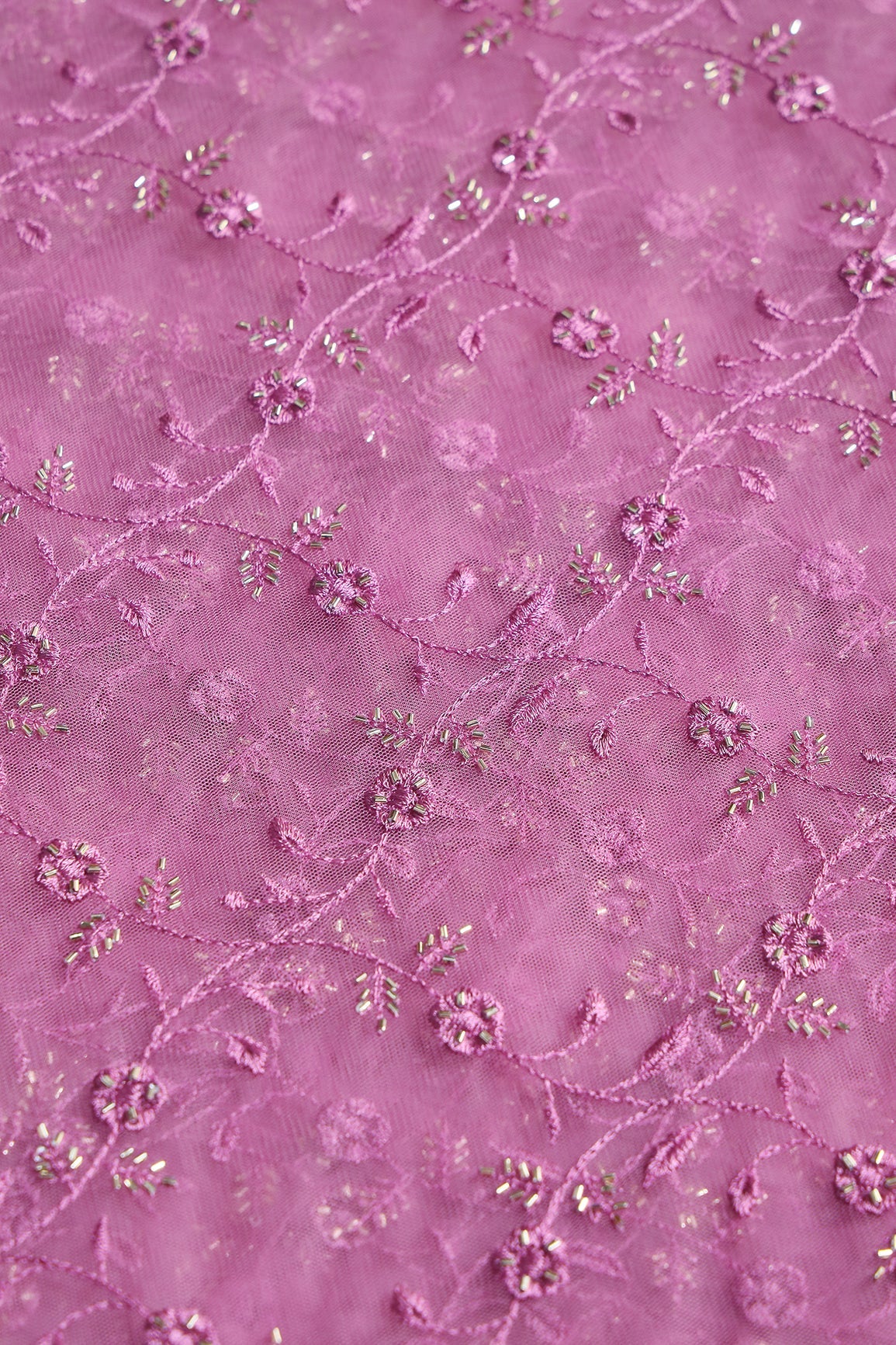 Onion Pink Thread With Beads Floral Leafy Embroidery Work On Onion Pink Soft Net Fabric - doeraa