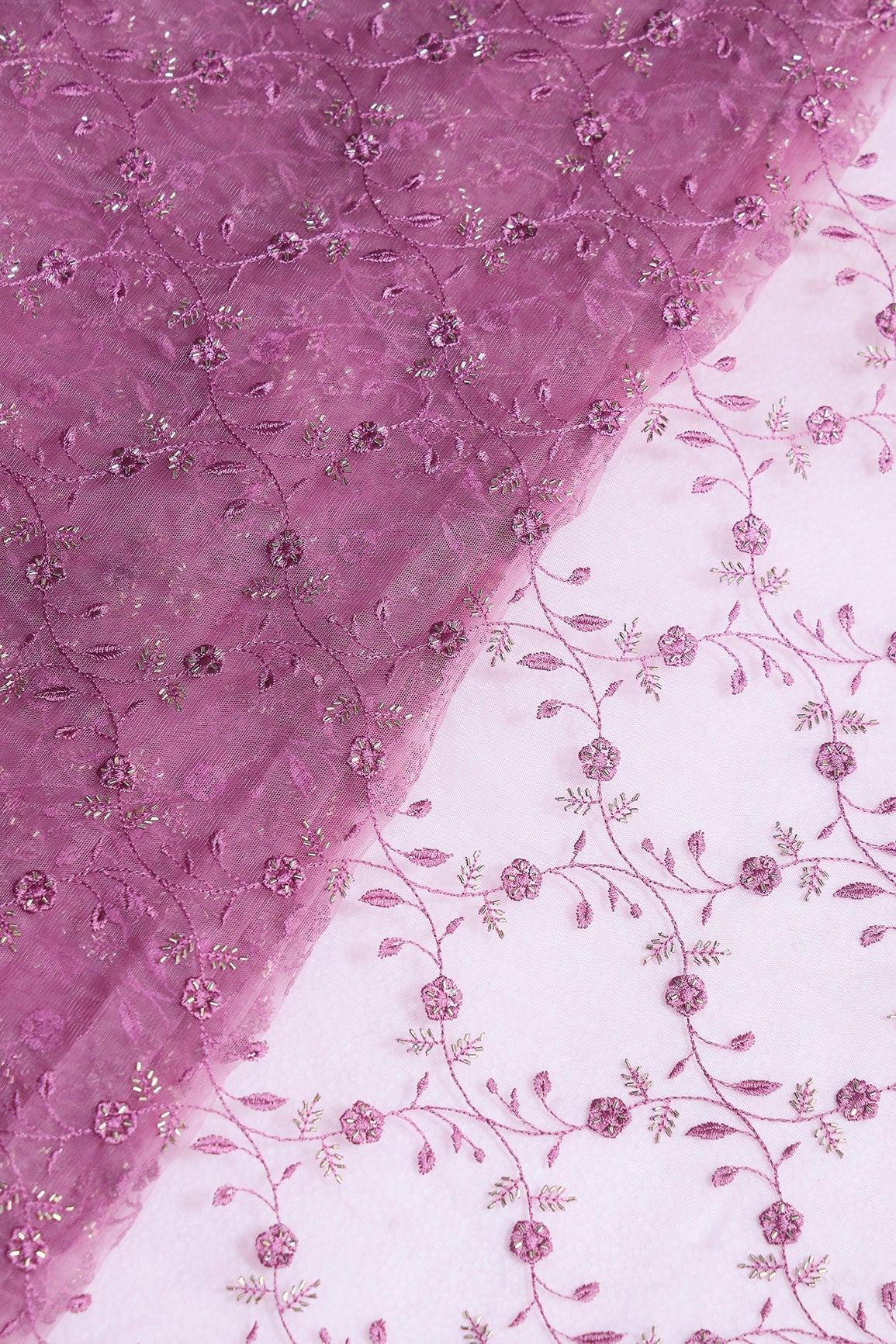 Onion Pink Thread With Beads Floral Leafy Embroidery Work On Onion Pink Soft Net Fabric - doeraa