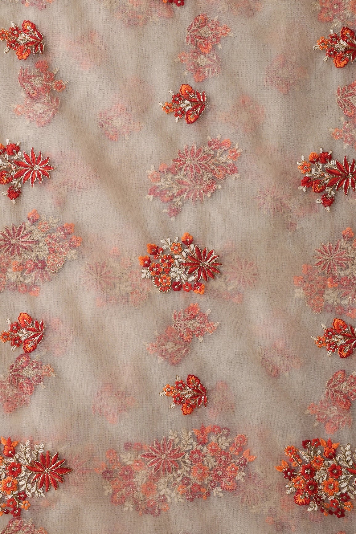 Orange And Beige Thread With Gold Zari Floral Butta Embroidery On Beige Soft Net Fabric - doeraa