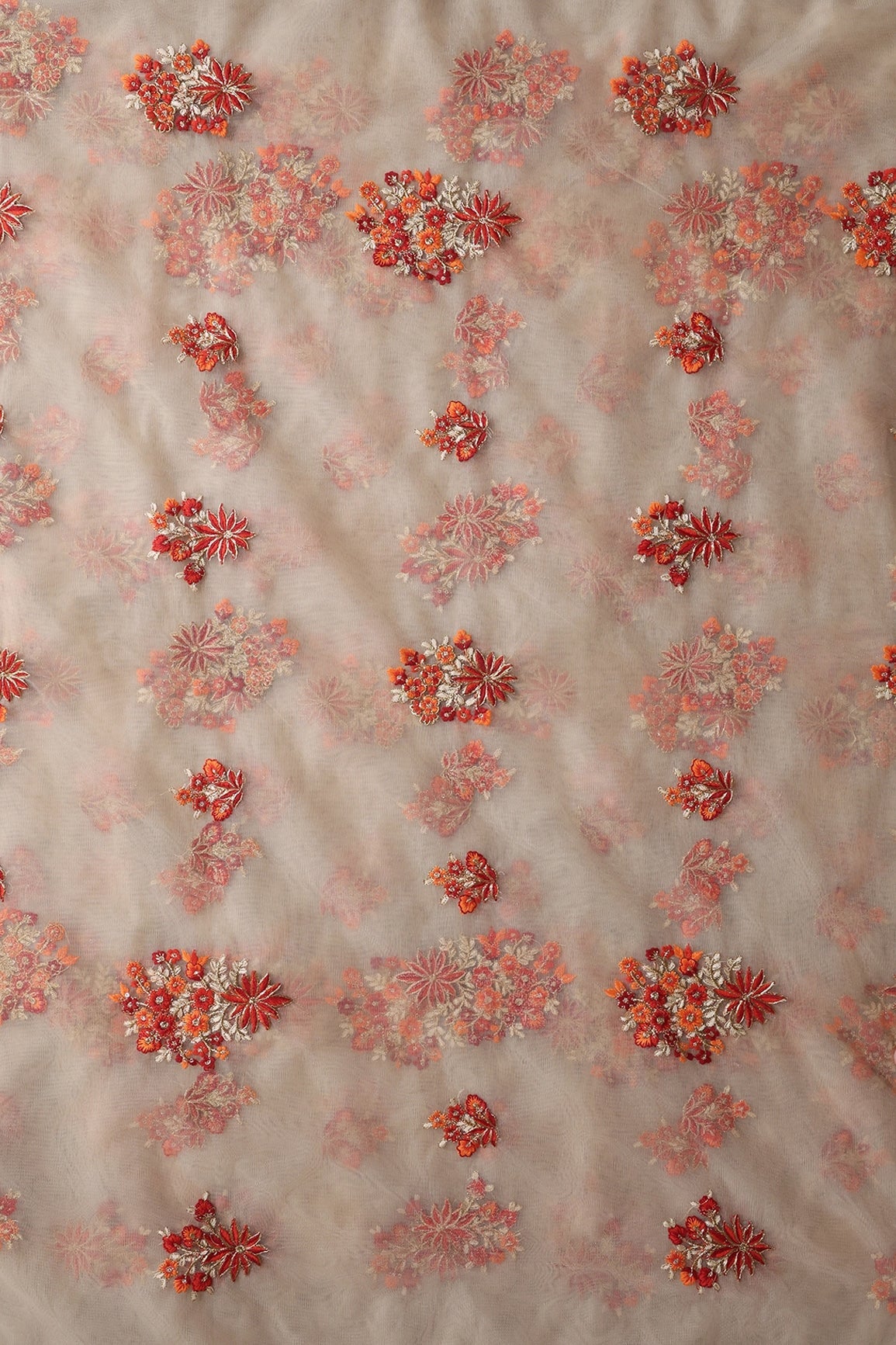 Orange And Beige Thread With Gold Zari Floral Butta Embroidery On Beige Soft Net Fabric - doeraa