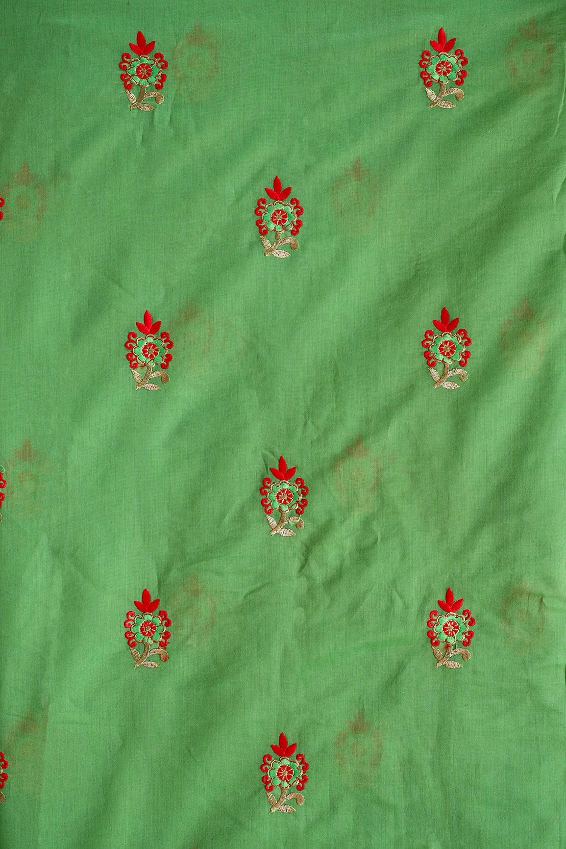 Orange And Green Floral Embroidery On Parrot Green Chanderi Fabric - doeraa
