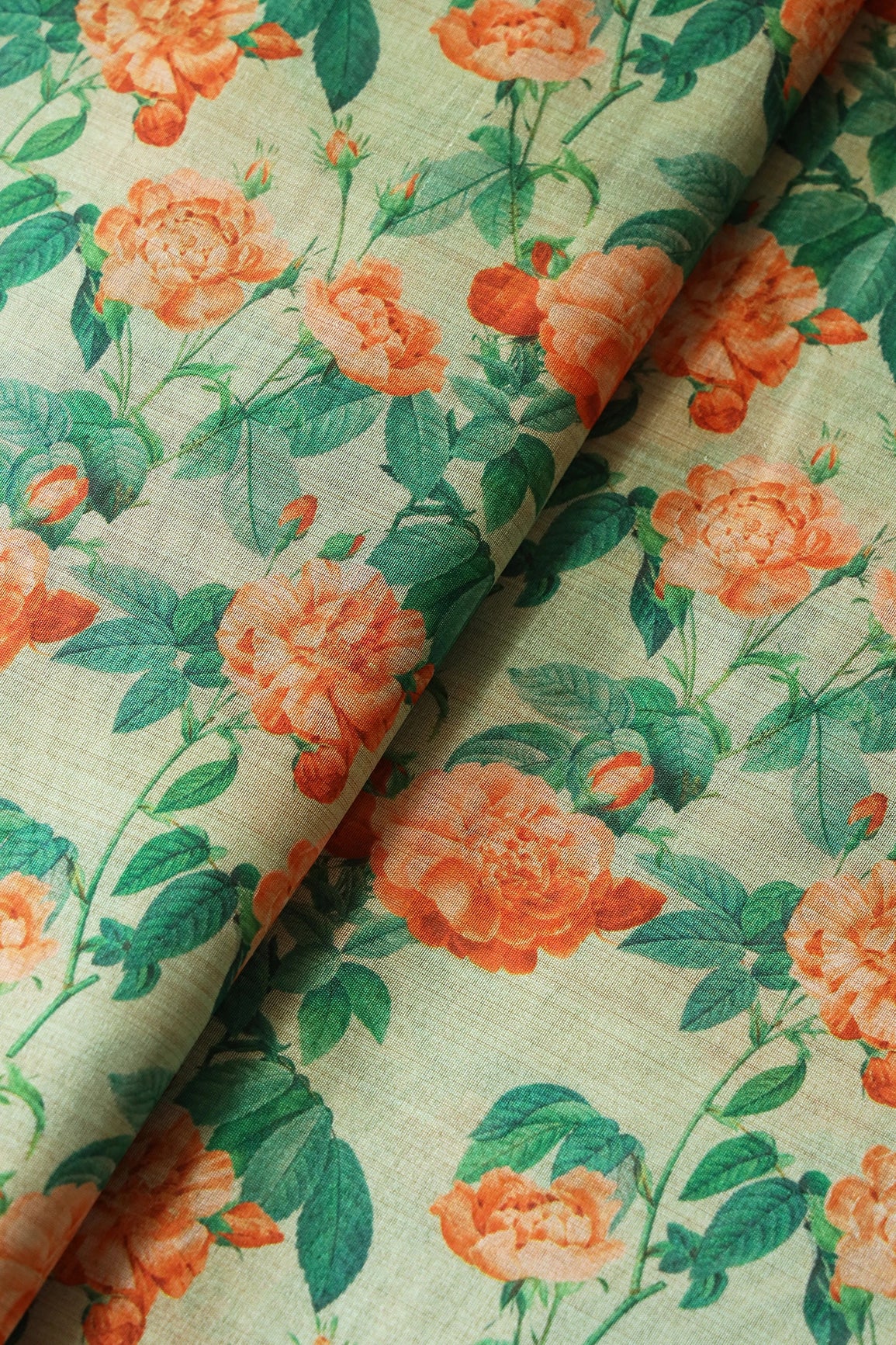 Orange And Green Floral Pattern Digital Print On Mulberry Silk Fabric - doeraa