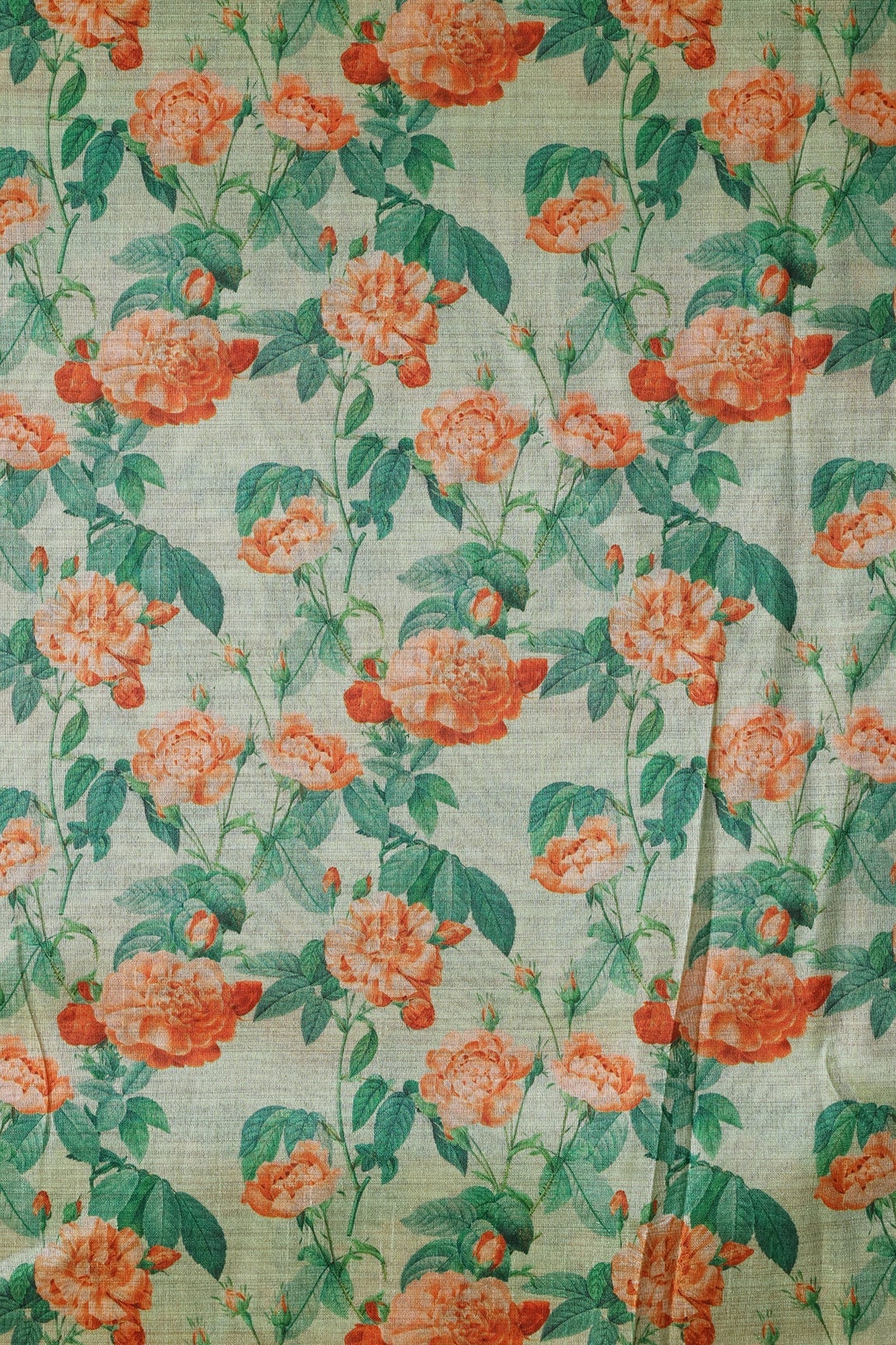 Orange And Green Floral Pattern Digital Print On Mulberry Silk Fabric - doeraa