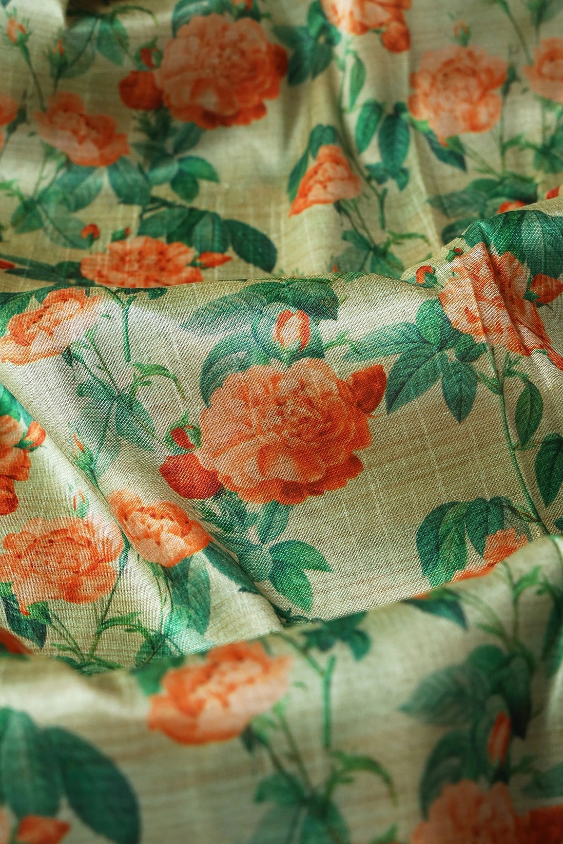 Orange And Green Floral Pattern Digital Print On Mulberry Silk Fabric - doeraa