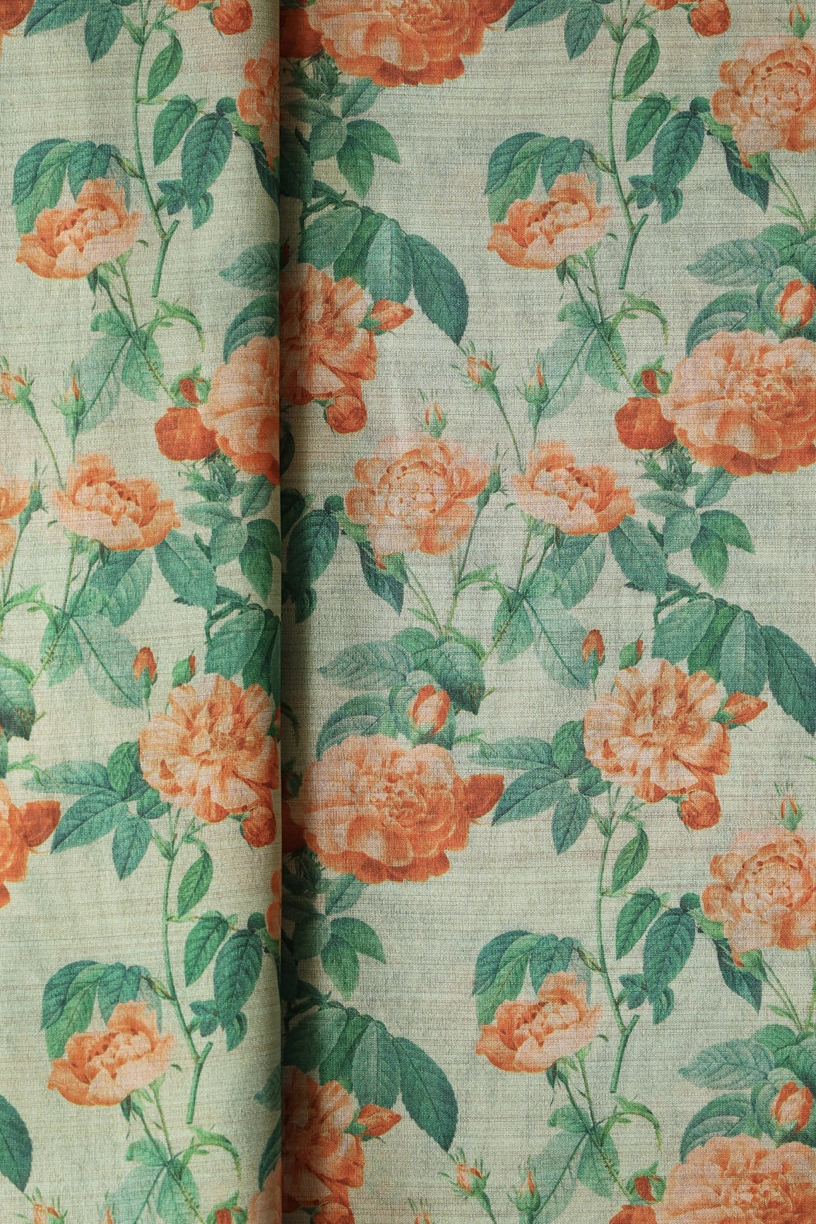 Orange And Green Floral Pattern Digital Print On Mulberry Silk Fabric - doeraa