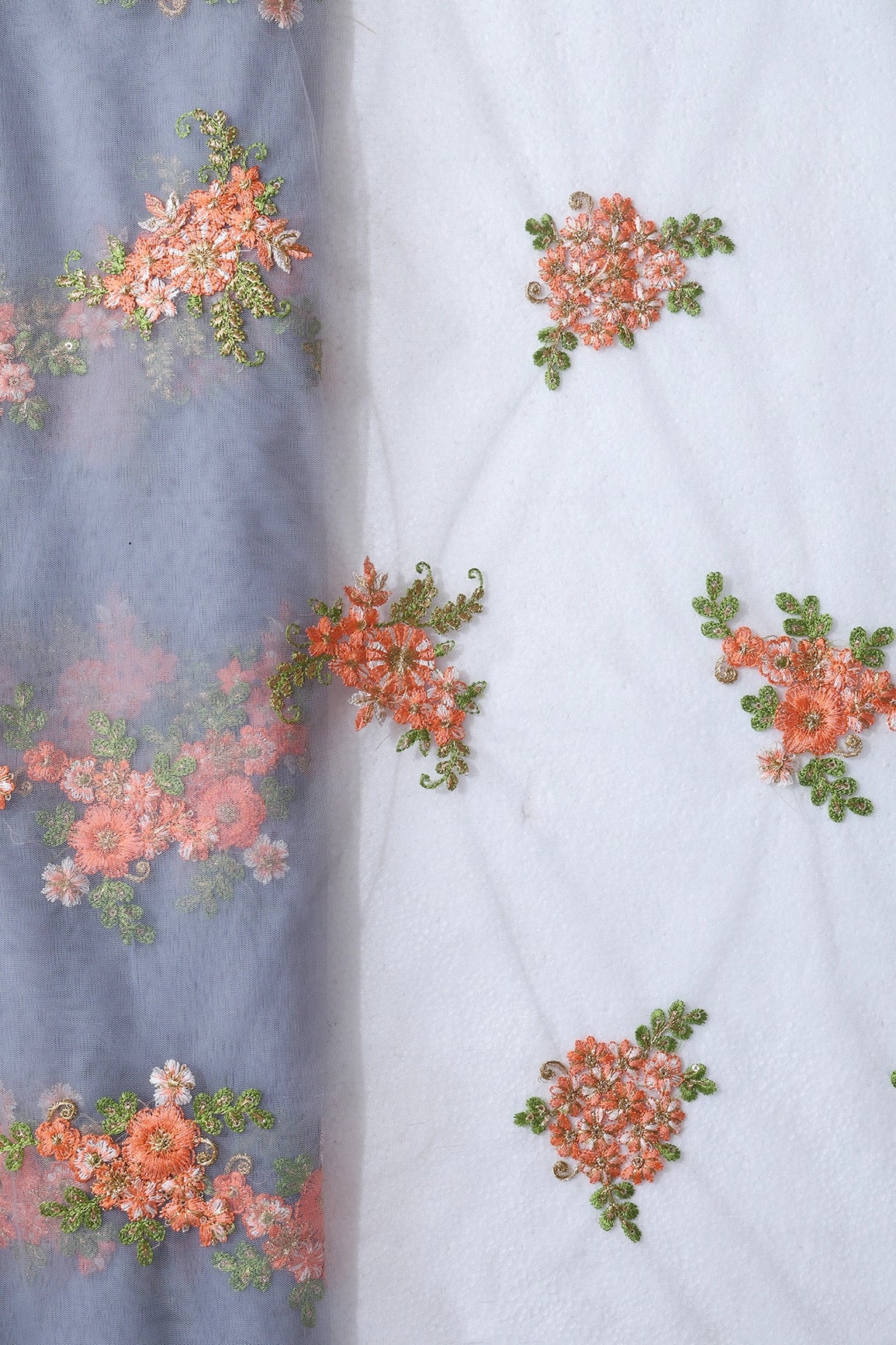 Orange And Olive Thread With Gold Sequins Floral Embroidery On Grey Soft Net Fabric - doeraa