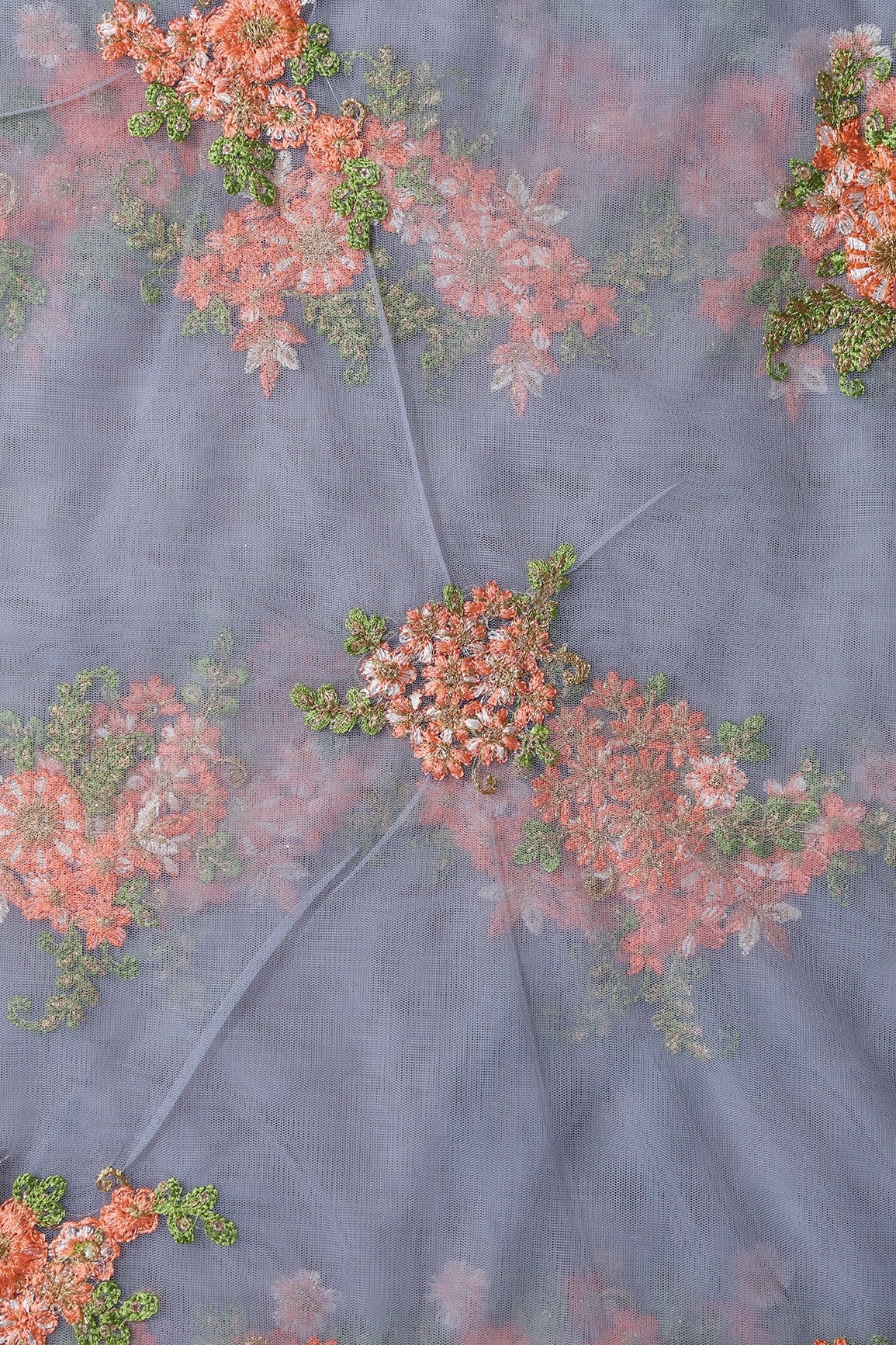 Orange And Olive Thread With Gold Sequins Floral Embroidery On Grey Soft Net Fabric - doeraa