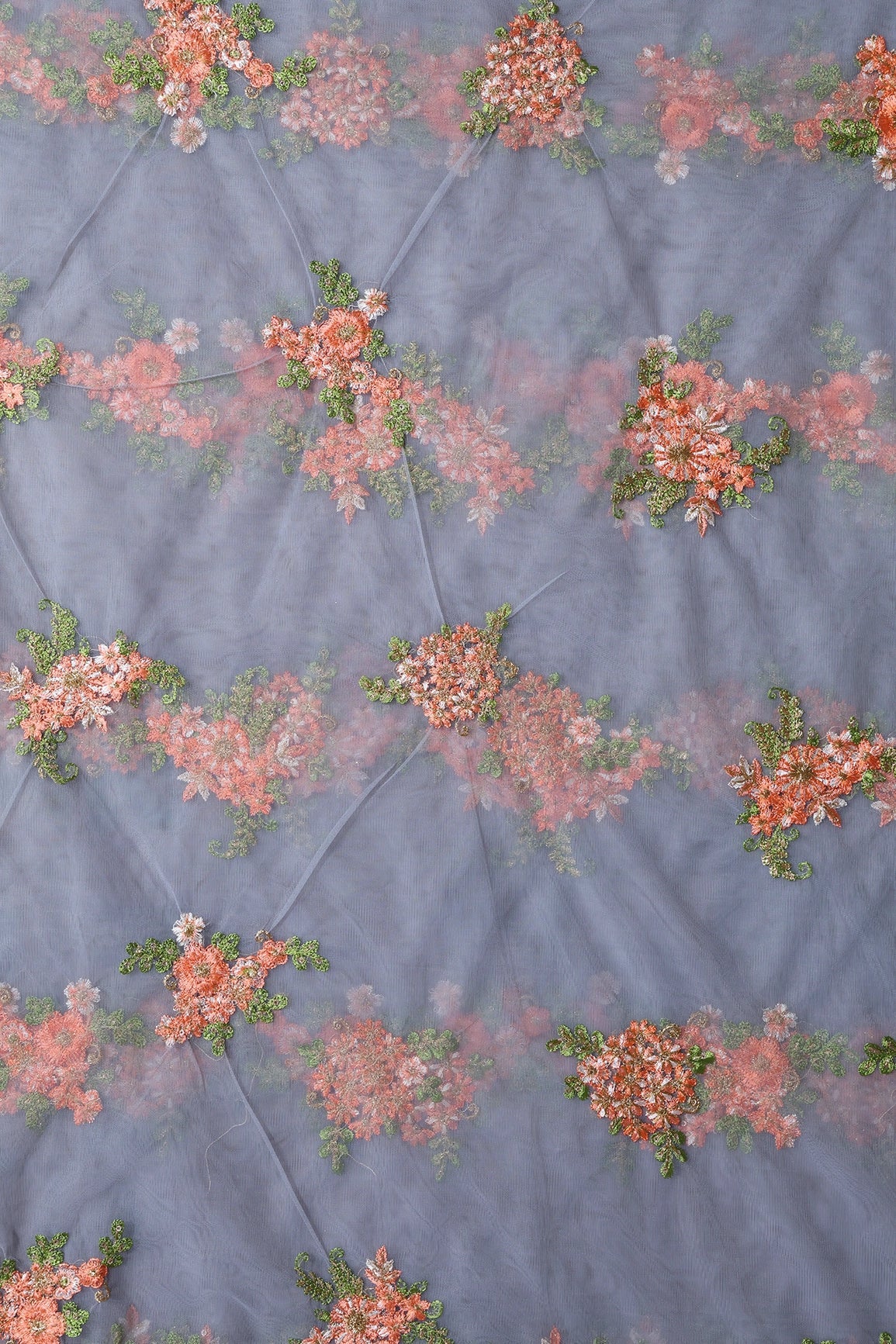 Orange And Olive Thread With Gold Sequins Floral Embroidery On Grey Soft Net Fabric - doeraa