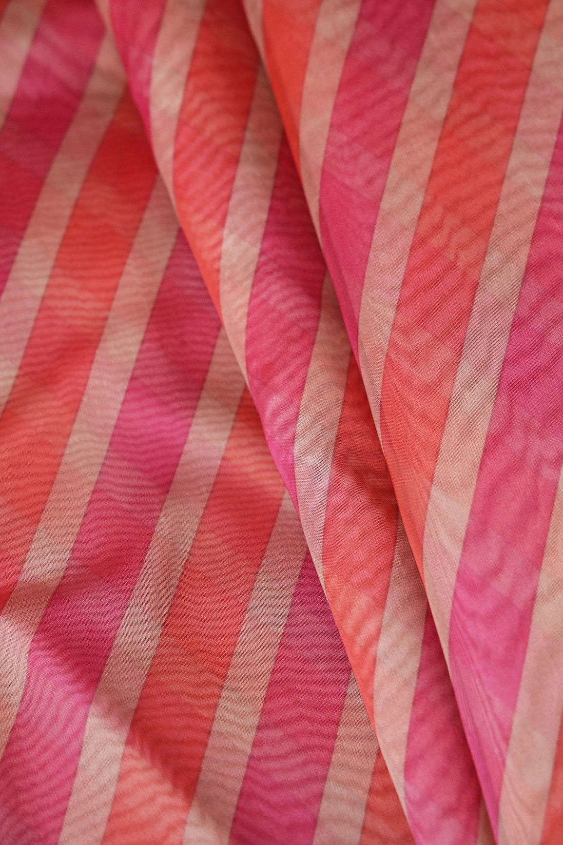 Orange And Pink Stripes Digital Print On Organza Fabric - doeraa