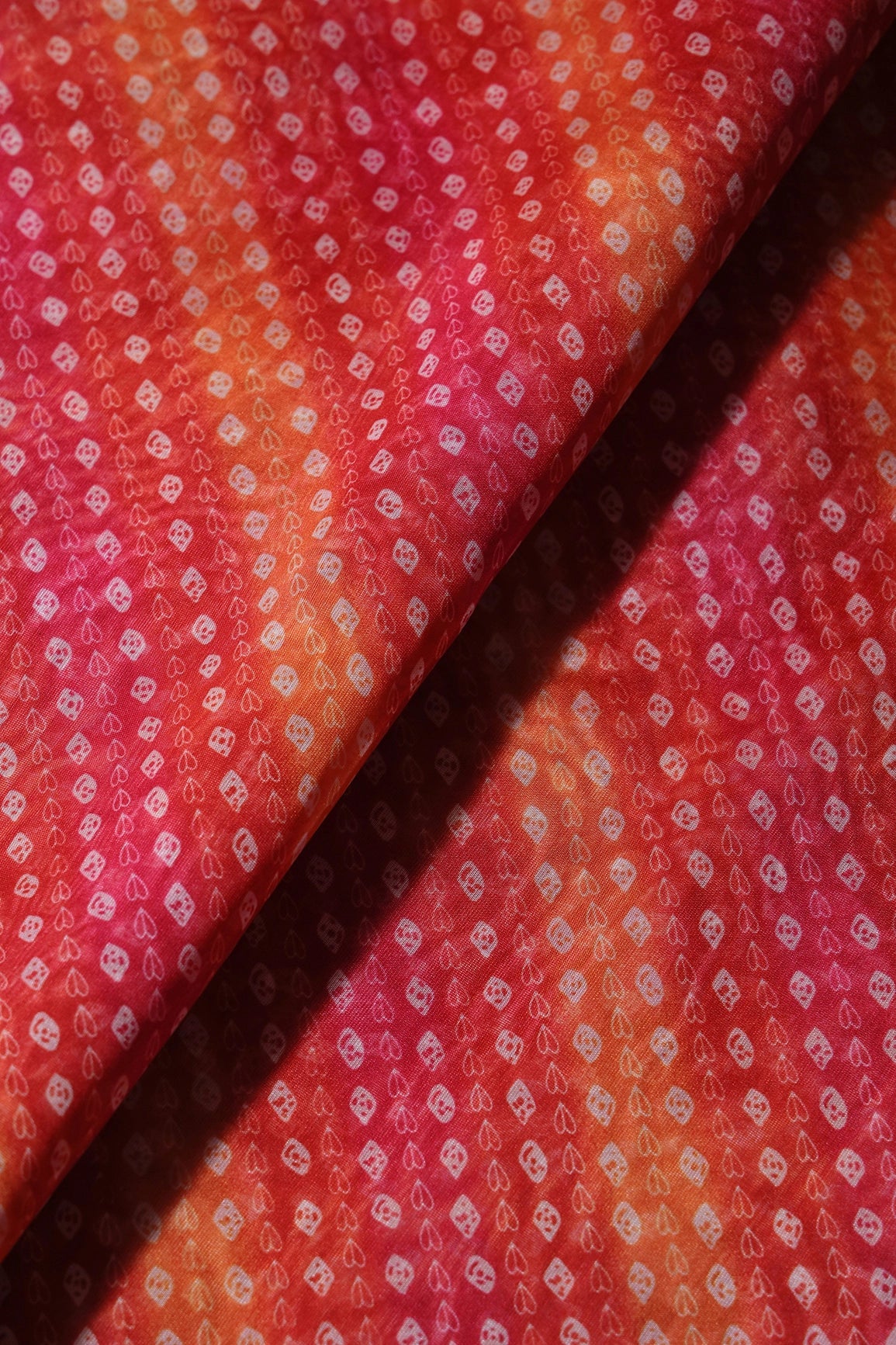 Orange And Red Bandhani Pattern Digital Print Organza Fabric - doeraa