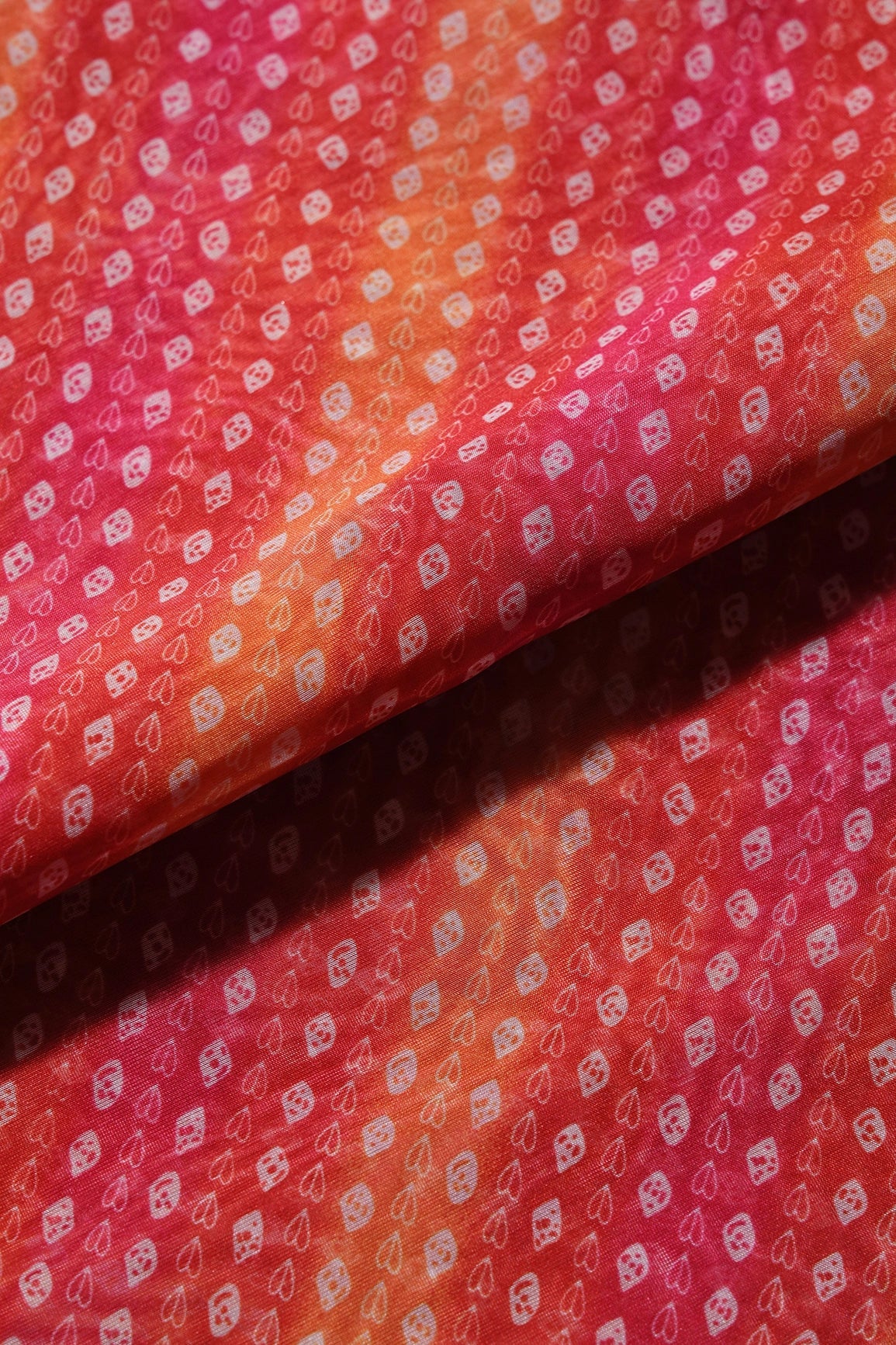 Orange And Red Bandhani Pattern Digital Print Organza Fabric - doeraa