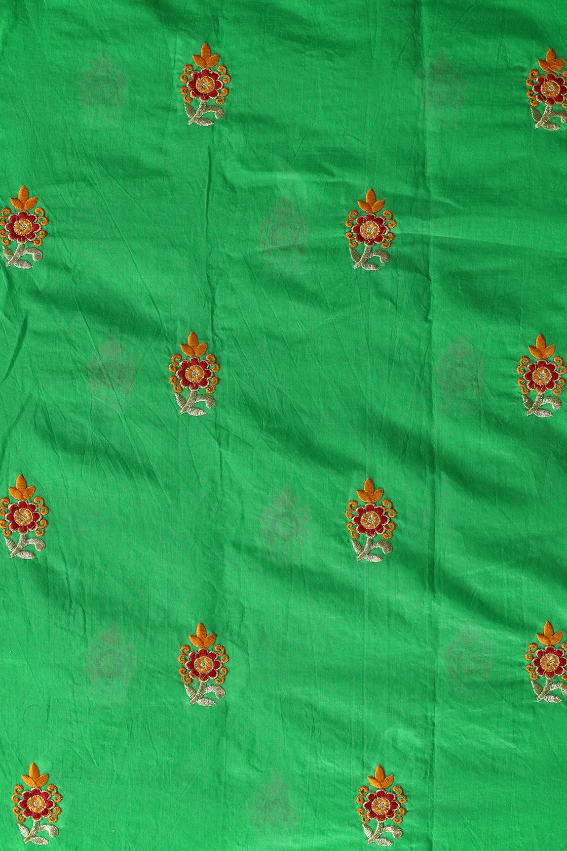 Orange And Red Floral Booti Zari Embroidery Work On Green Chanderi Fabric - doeraa