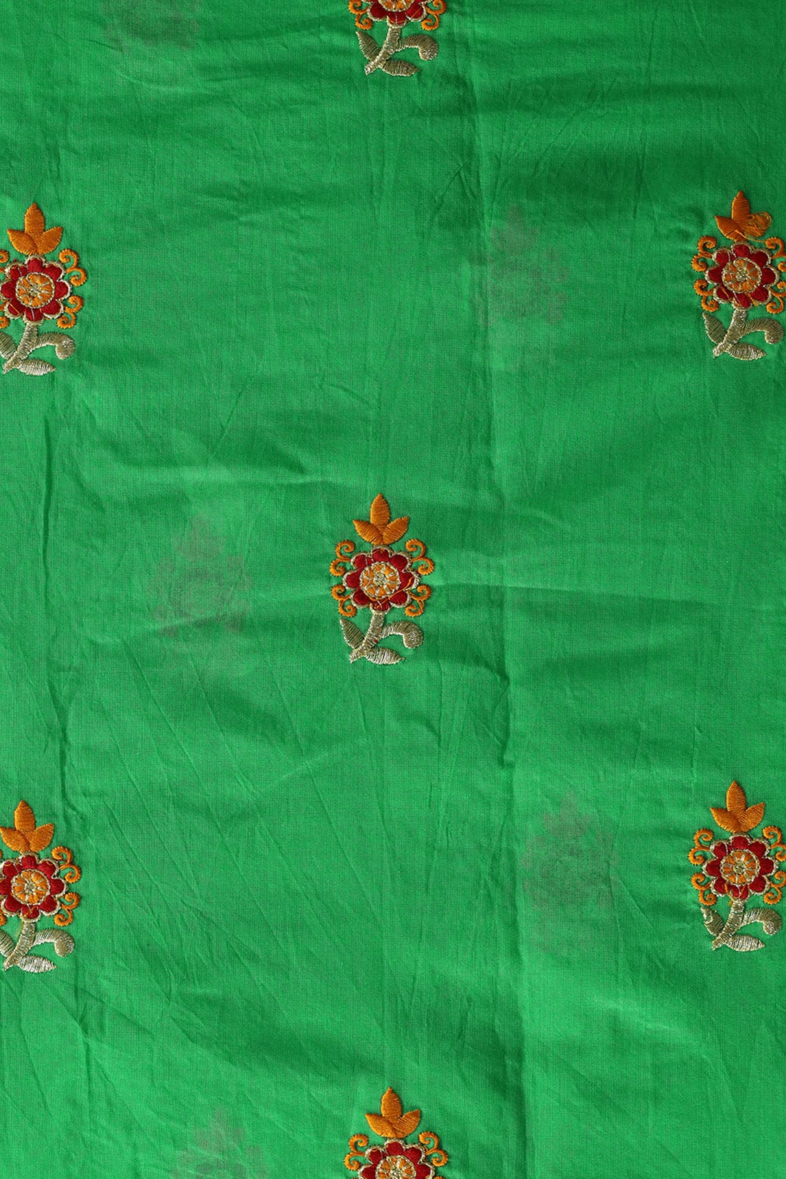 Orange And Red Floral Booti Zari Embroidery Work On Green Chanderi Fabric - doeraa