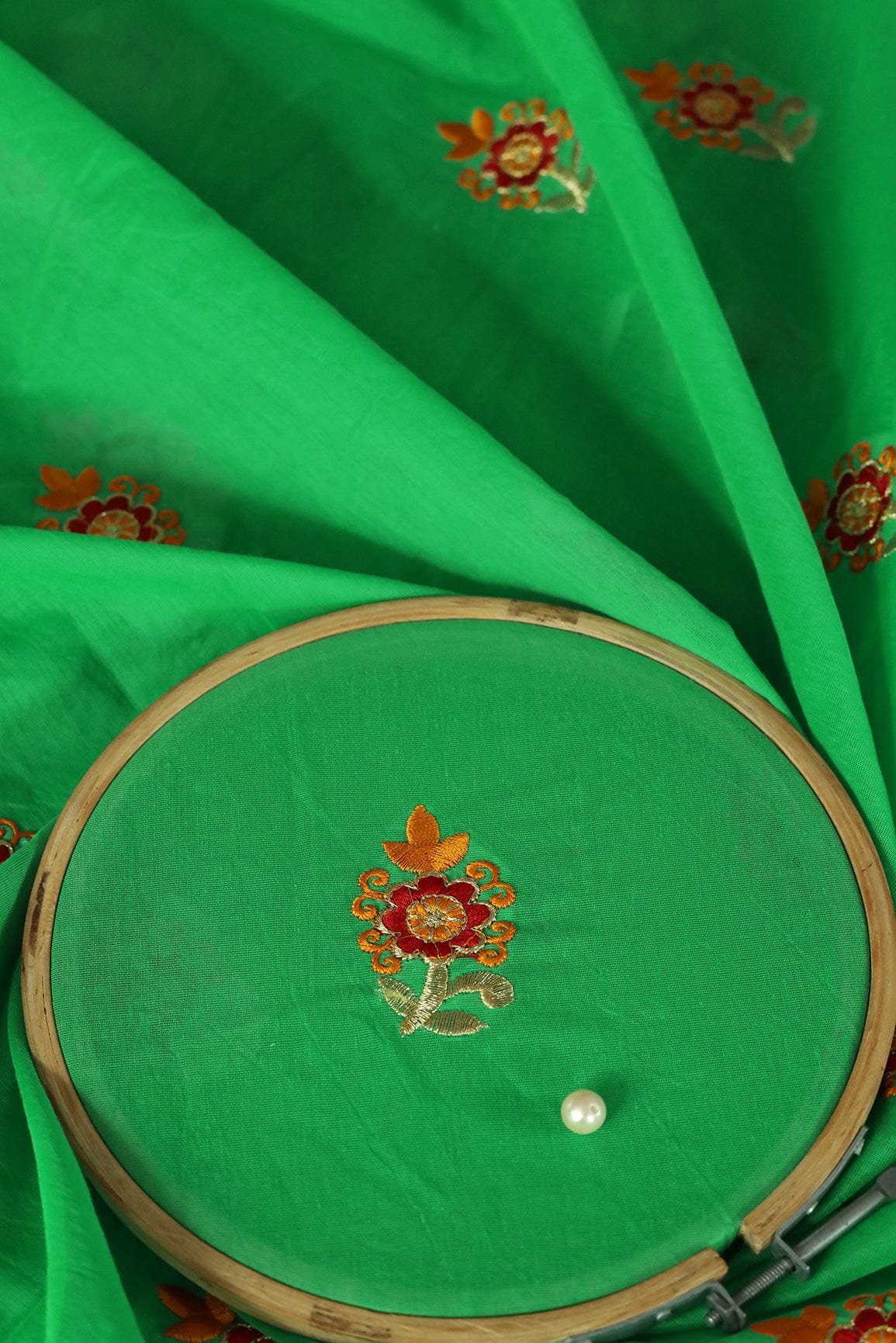 Orange And Red Floral Booti Zari Embroidery Work On Green Chanderi Fabric - doeraa