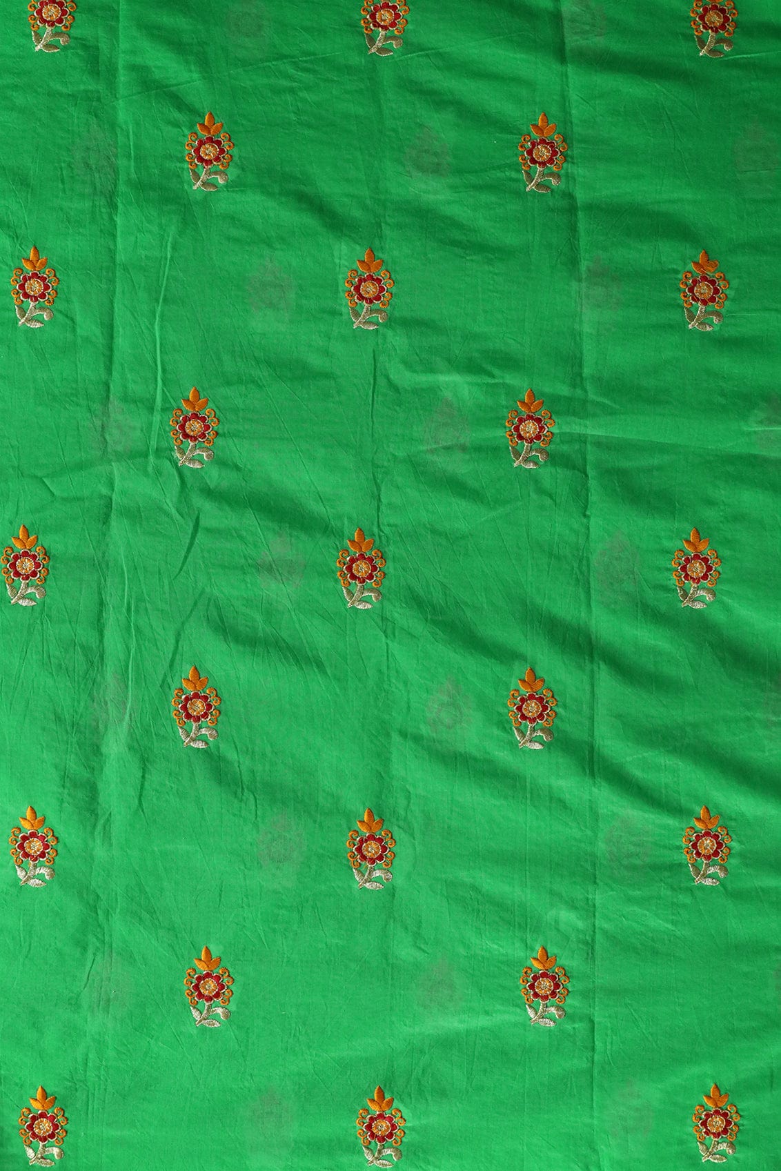 Orange And Red Floral Booti Zari Embroidery Work On Green Chanderi Fabric - doeraa