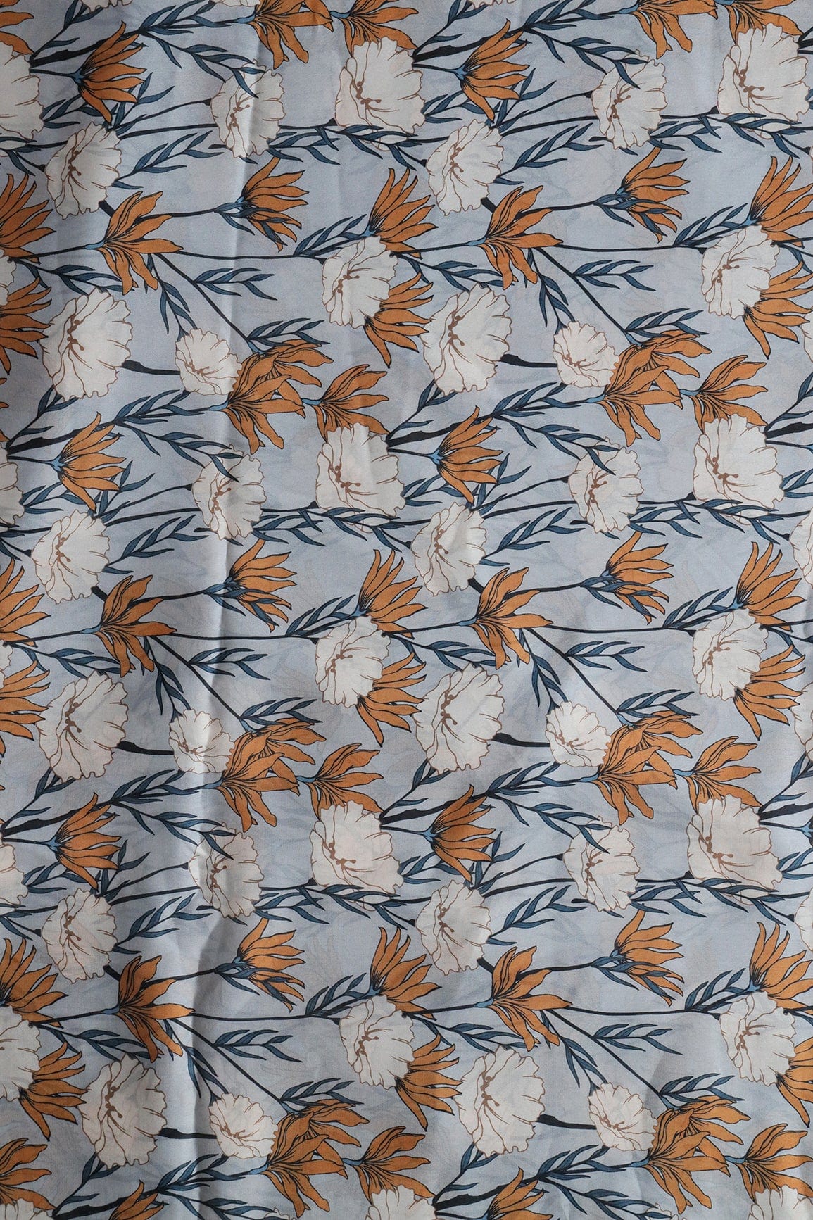 Orange And White Floral Pattern Digital Print On Light Grey Georgette Satin Fabric - doeraa