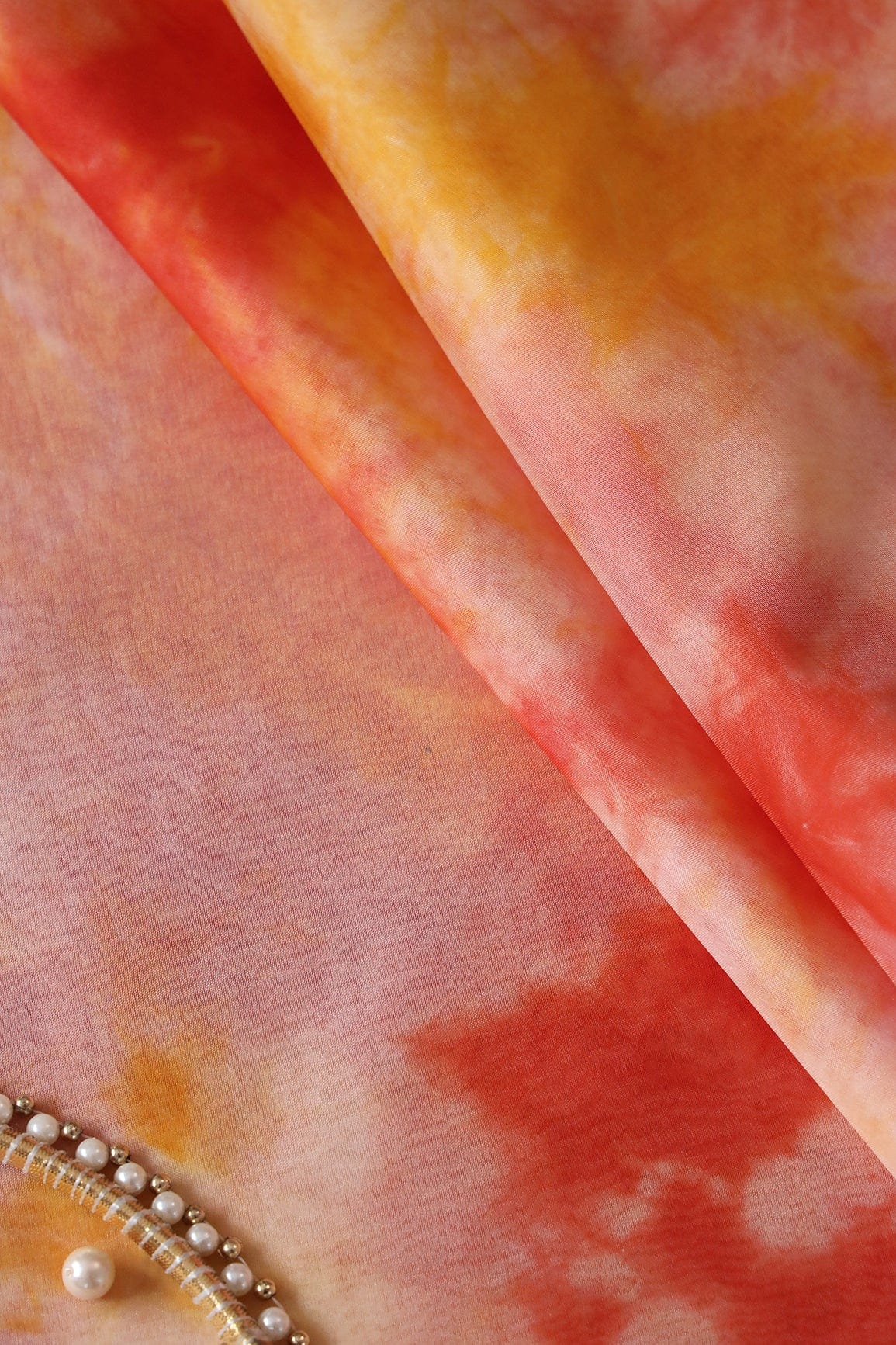 Orange And Yellow Tie & Dye Shibori Print On Organza Fabric - doeraa