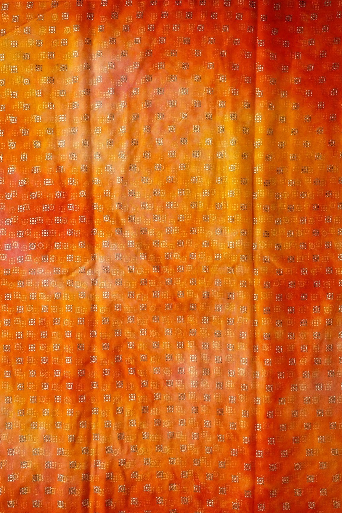 Orange And Yellow Tie & Dye Shibori Small Motif Foil Print On Organza Fabric - doeraa